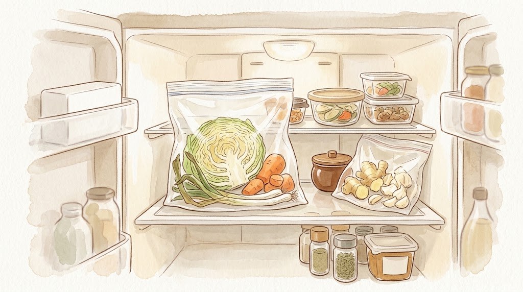 使いかけの野菜と保存容器が入った冷蔵庫の中