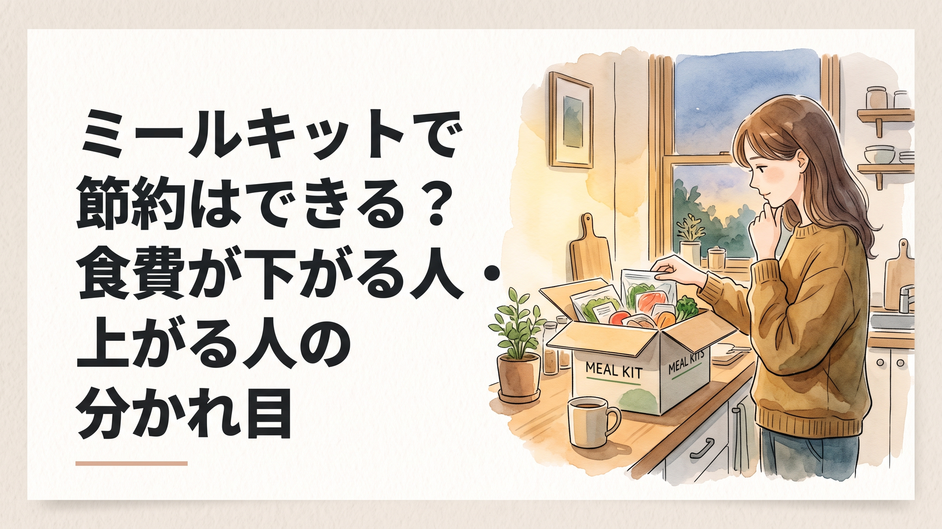 夕方のキッチンで、届いたミールキットの箱を開けながら考え込む女性