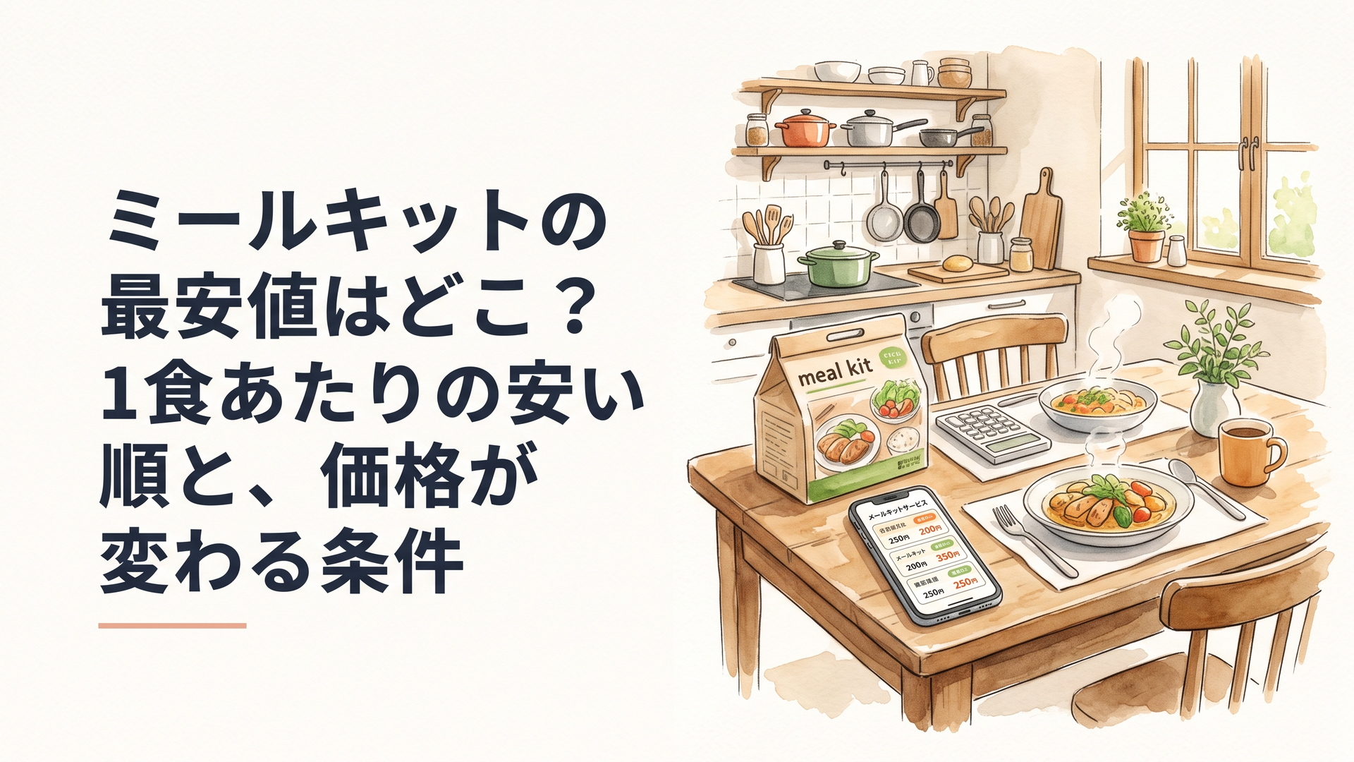 キッチンのテーブルにミールキットの箱とスマホの料金ページ、電卓を並べて見比べている女性