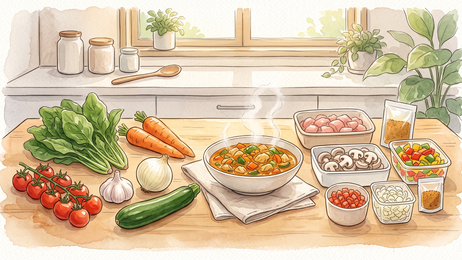 食材のパックと野菜がキッチンに並んでいるところ