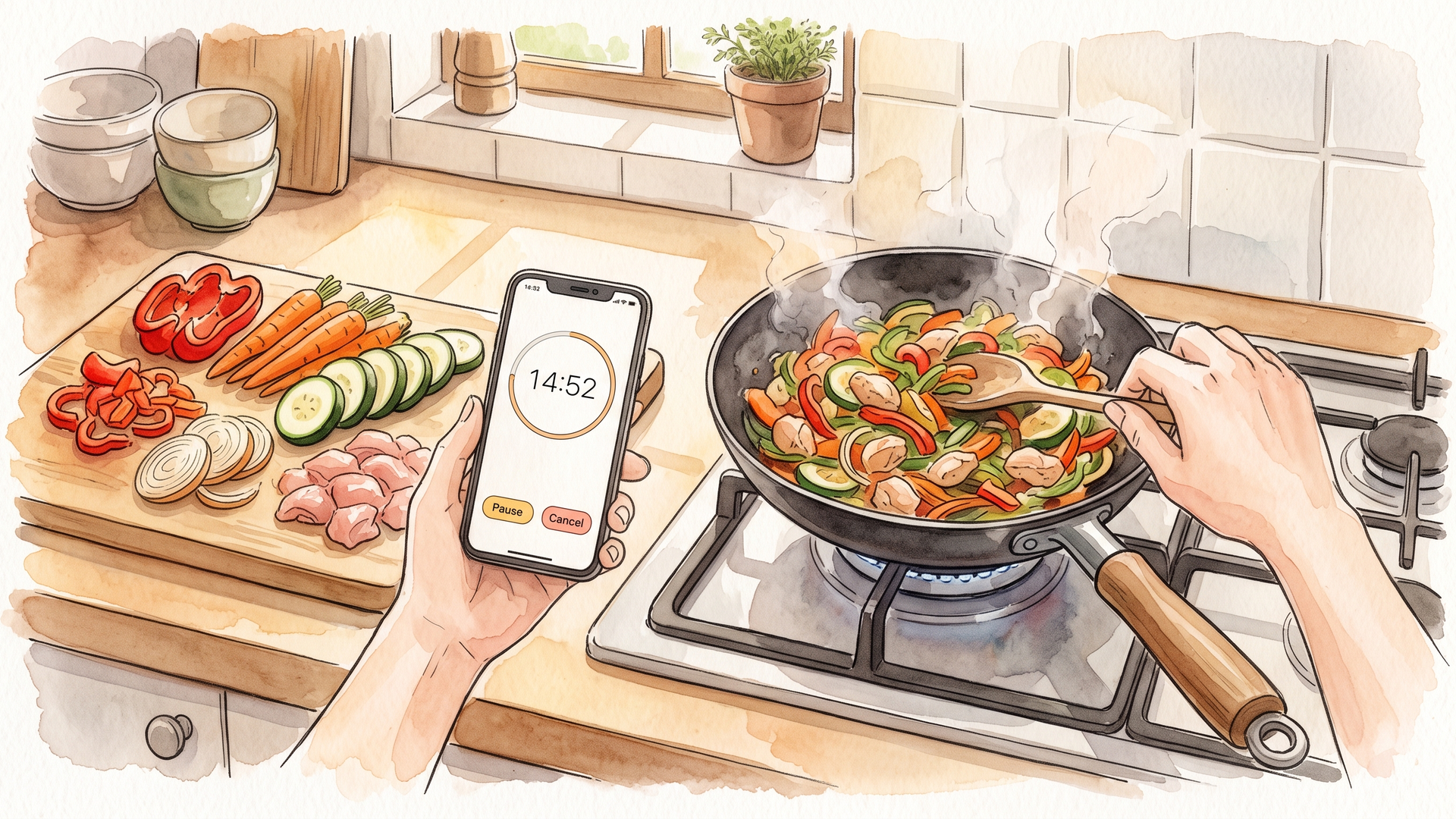 切った野菜と肉を用意し、スマホのタイマーで調理時間を計る様子