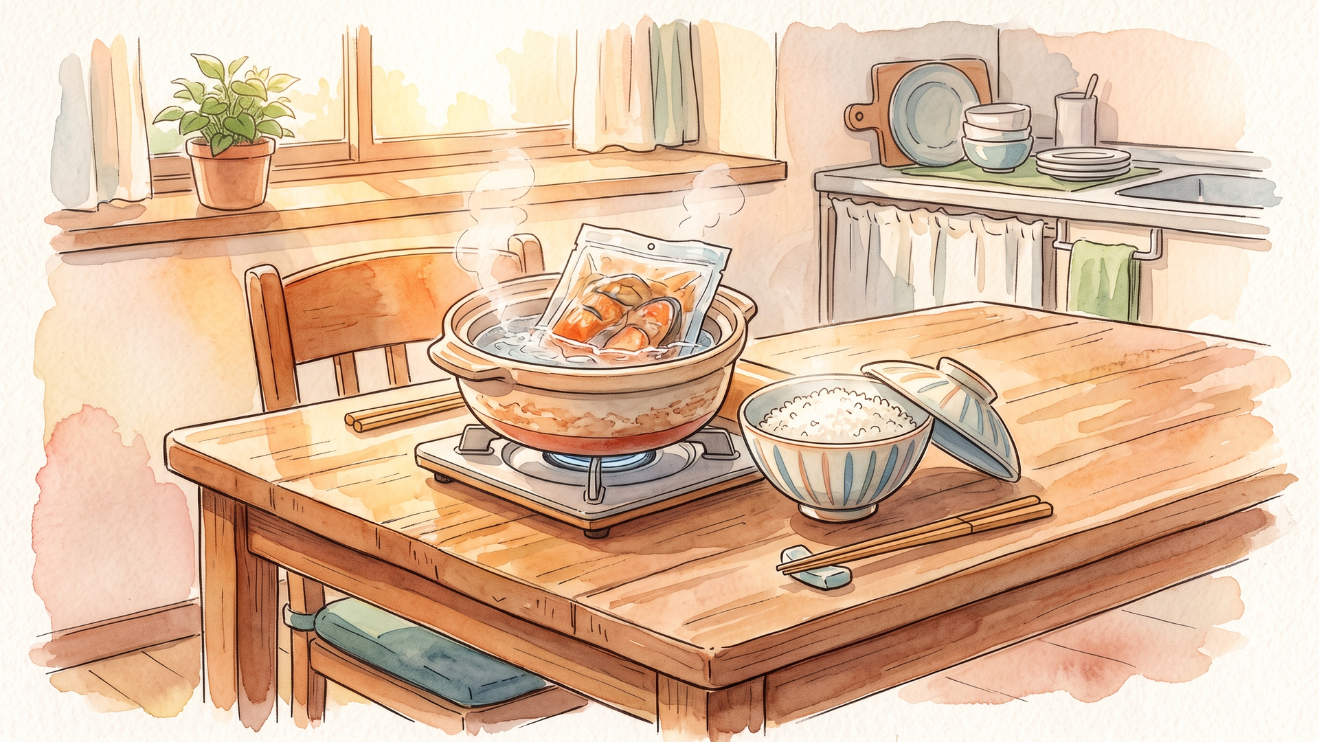 鍋で湯せんしているレトルトパウチとご飯を用意した食卓