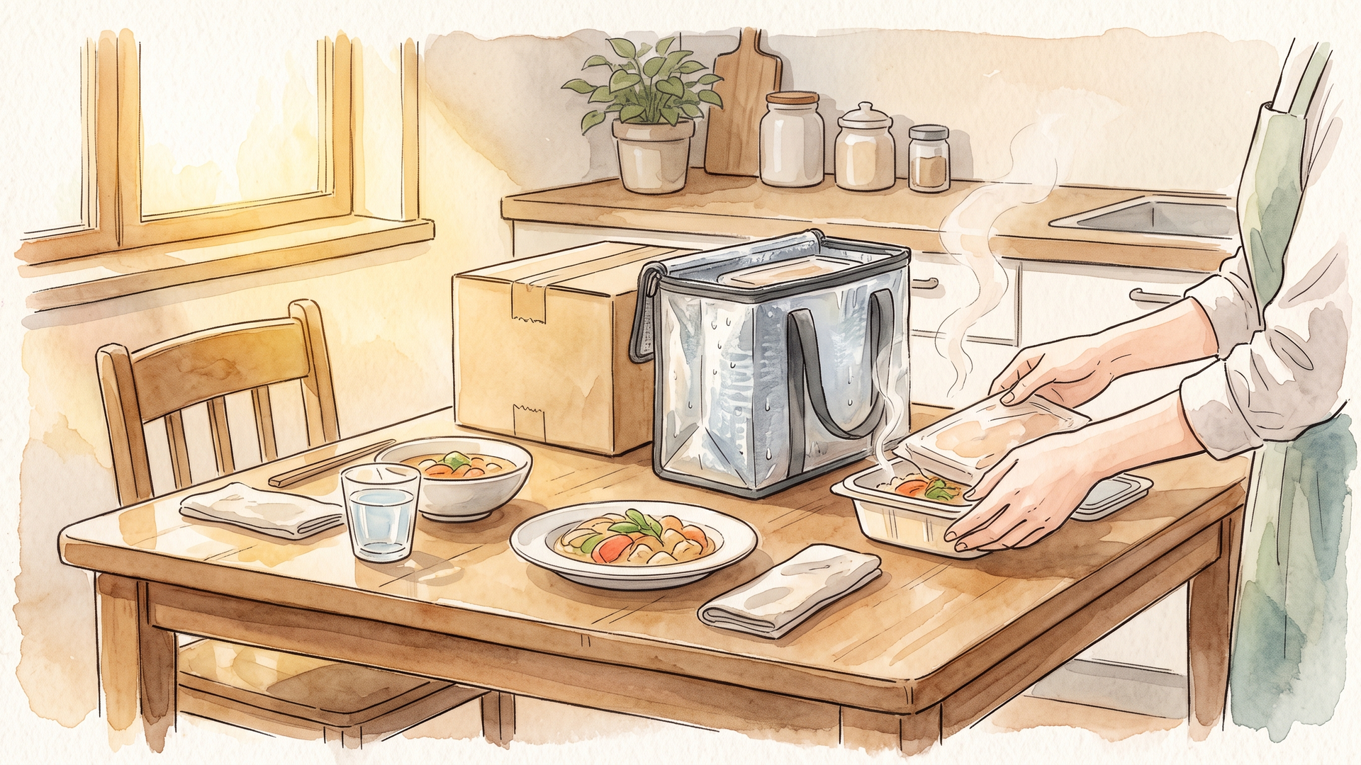 食卓に置いた保冷バッグから二人分のミールキットを取り出すところ