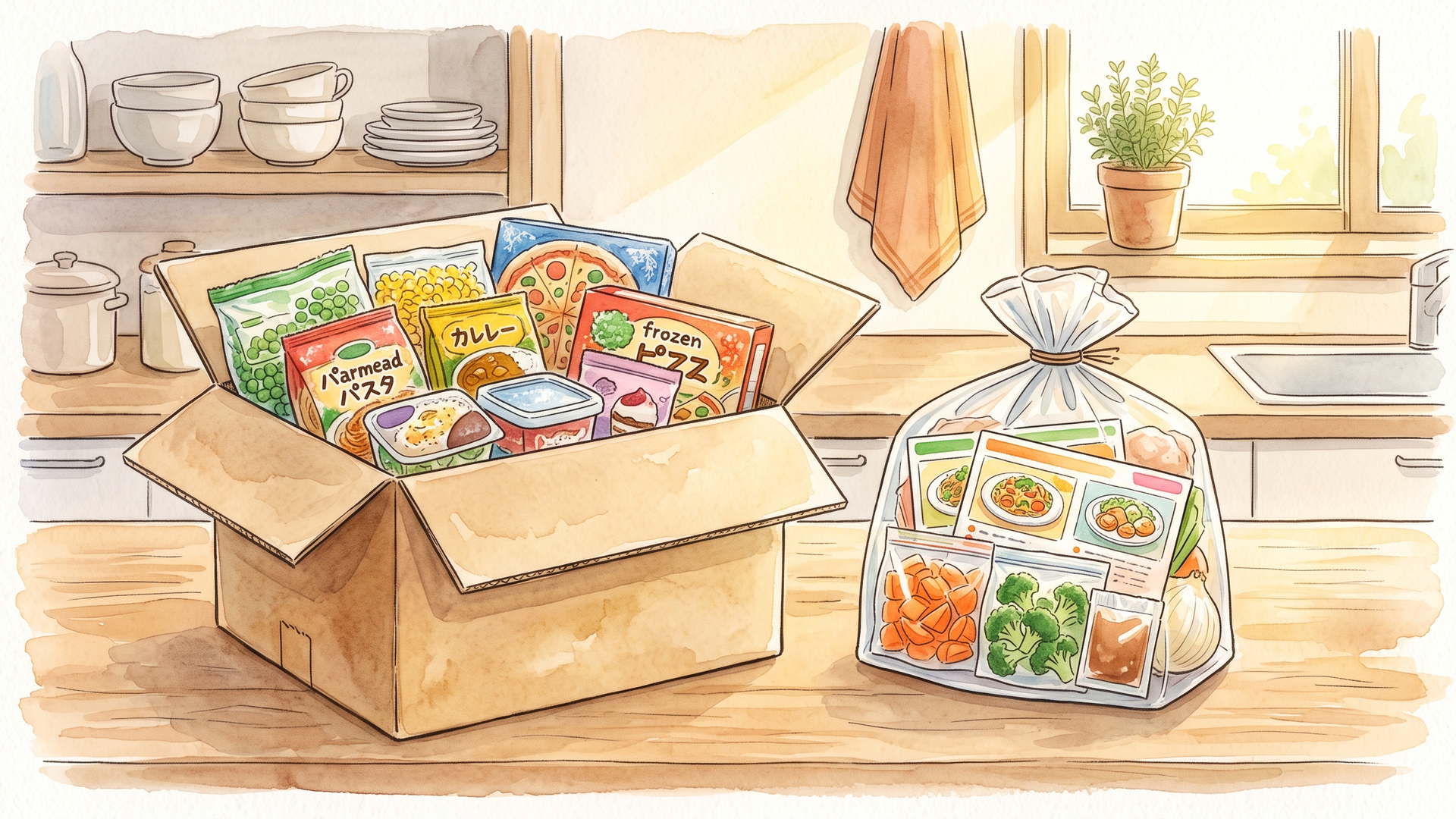 段ボール箱に詰められたお試しセットの冷凍食品