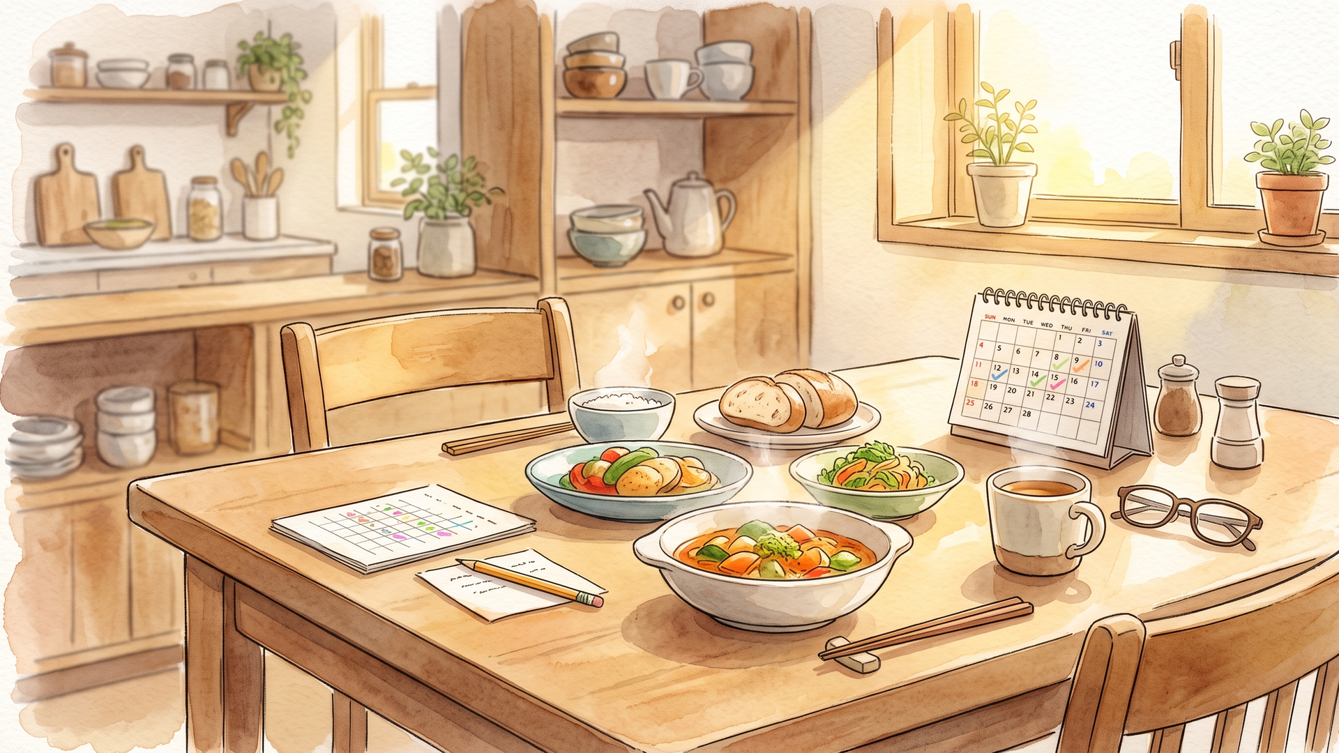 食卓に並んだ料理と、卓上カレンダー
