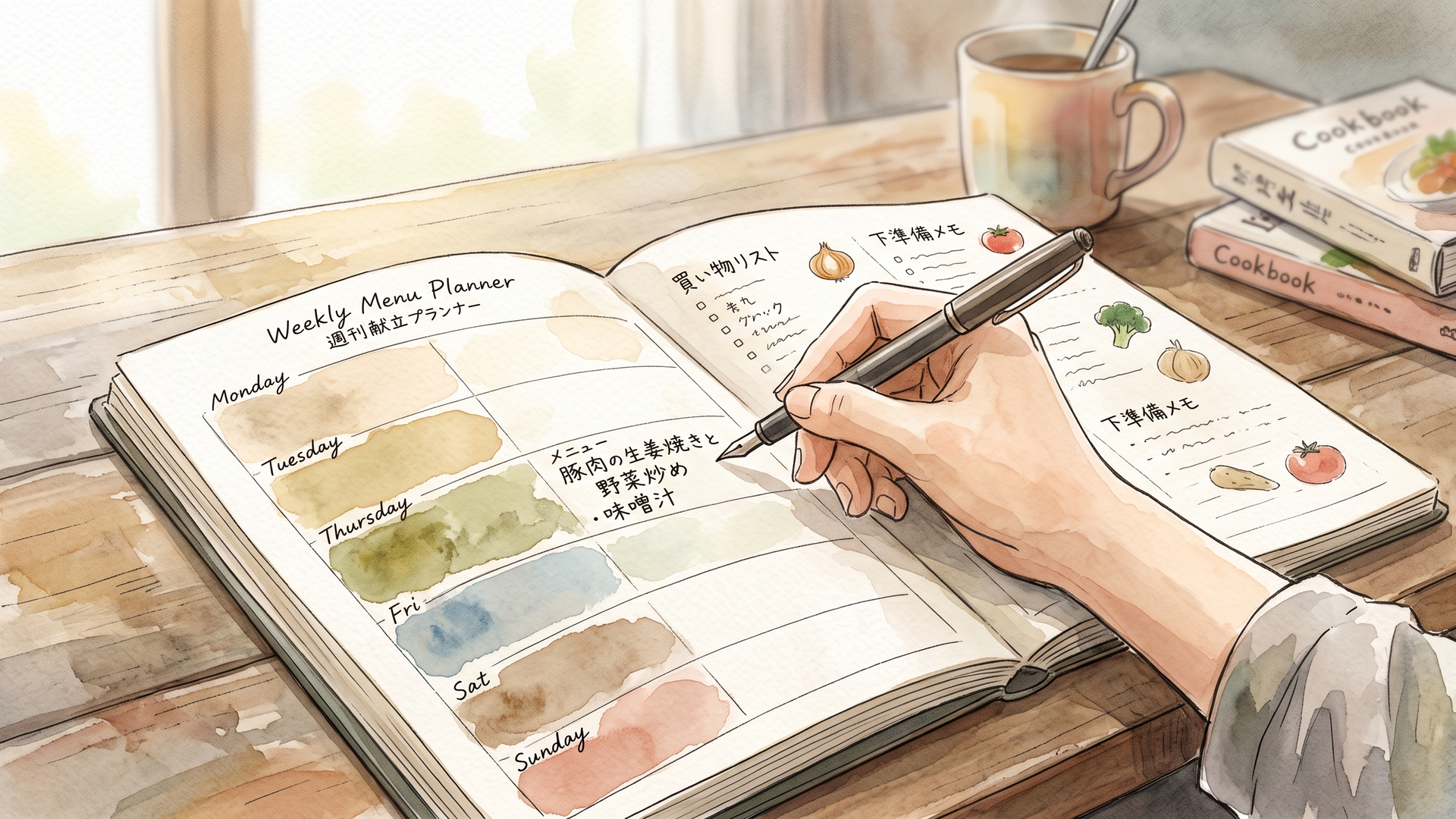 週間の献立プランナーに買い物リストを書き込む手元