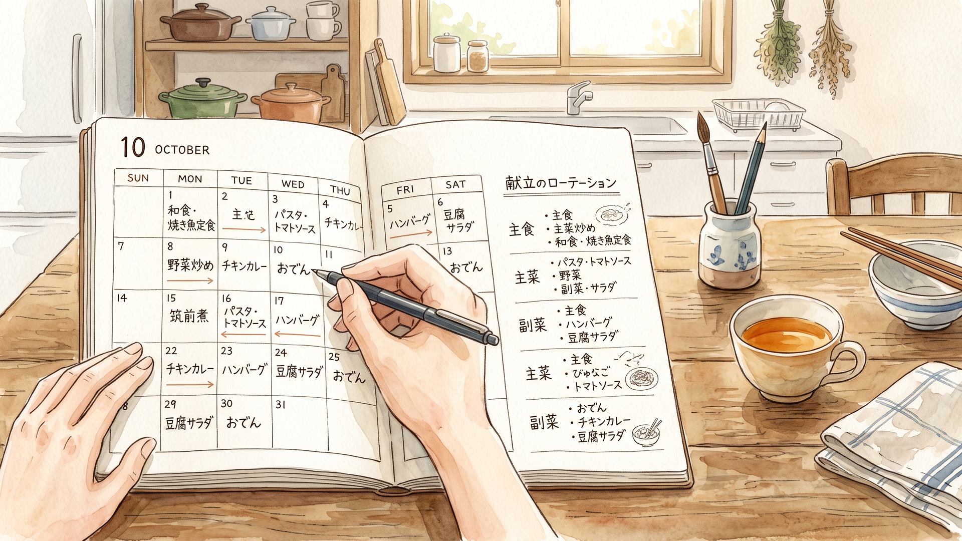 献立のローテーション表を書き込んでいる手元