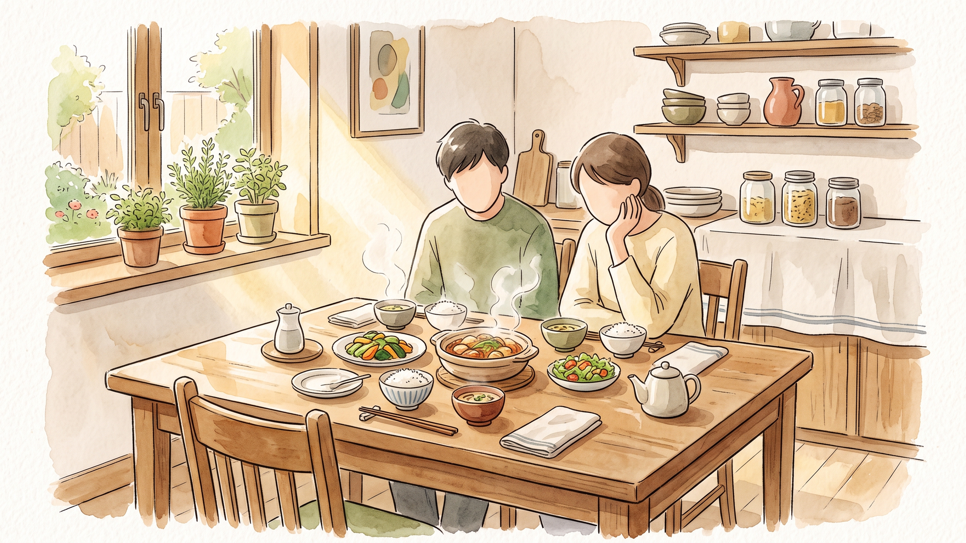 食卓に並んだ料理を前にした夫婦