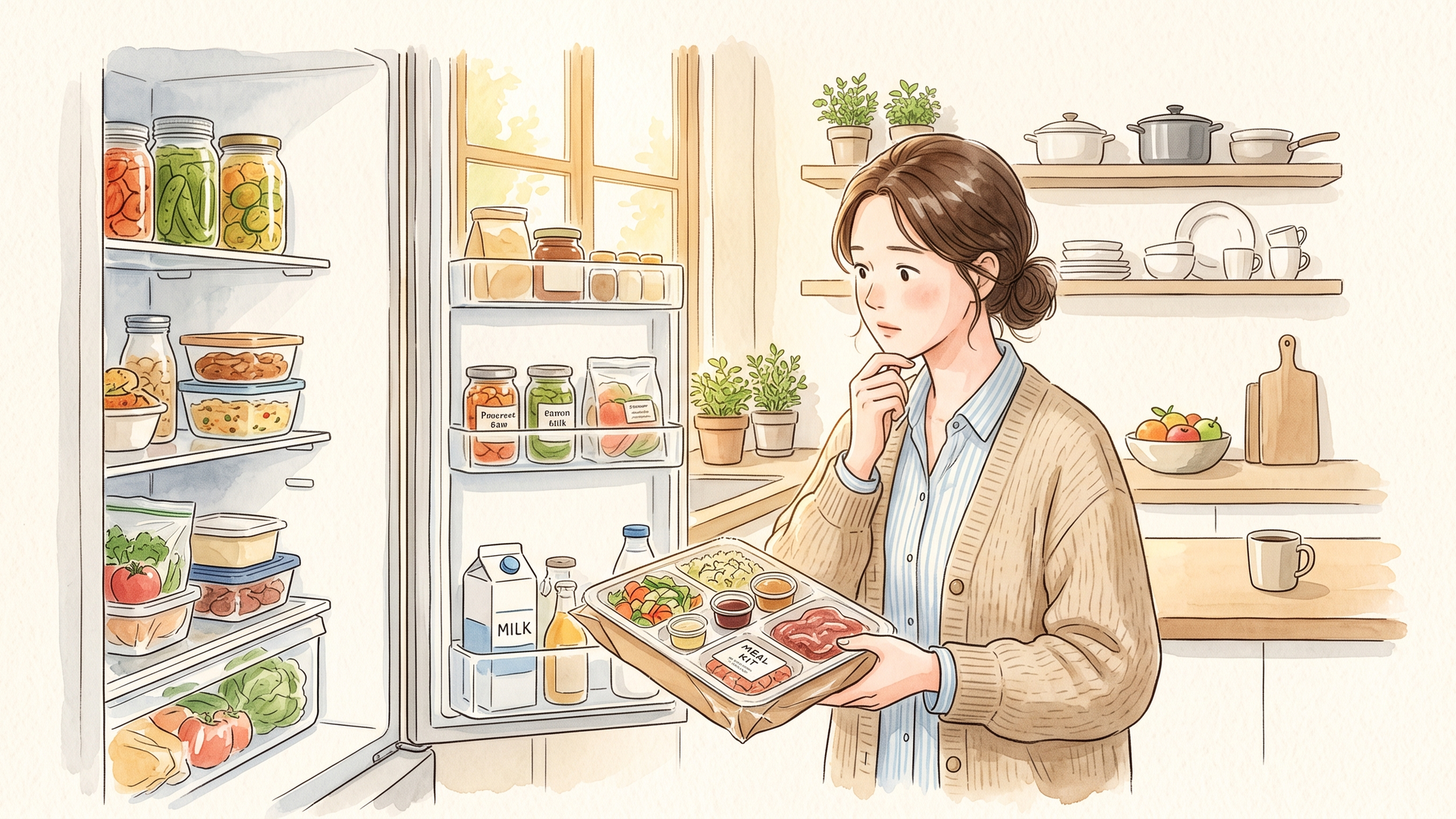 冷蔵庫を開けてミールキットを手に取り、考えている女性