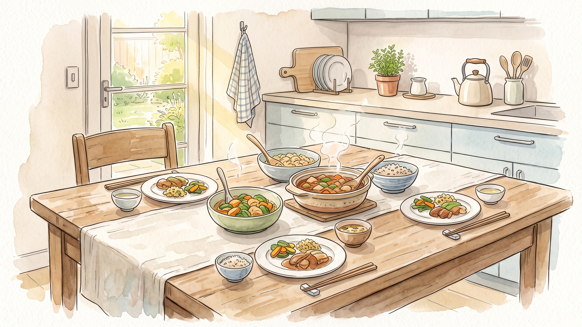 大きな食卓に人数分の料理を並べたところ