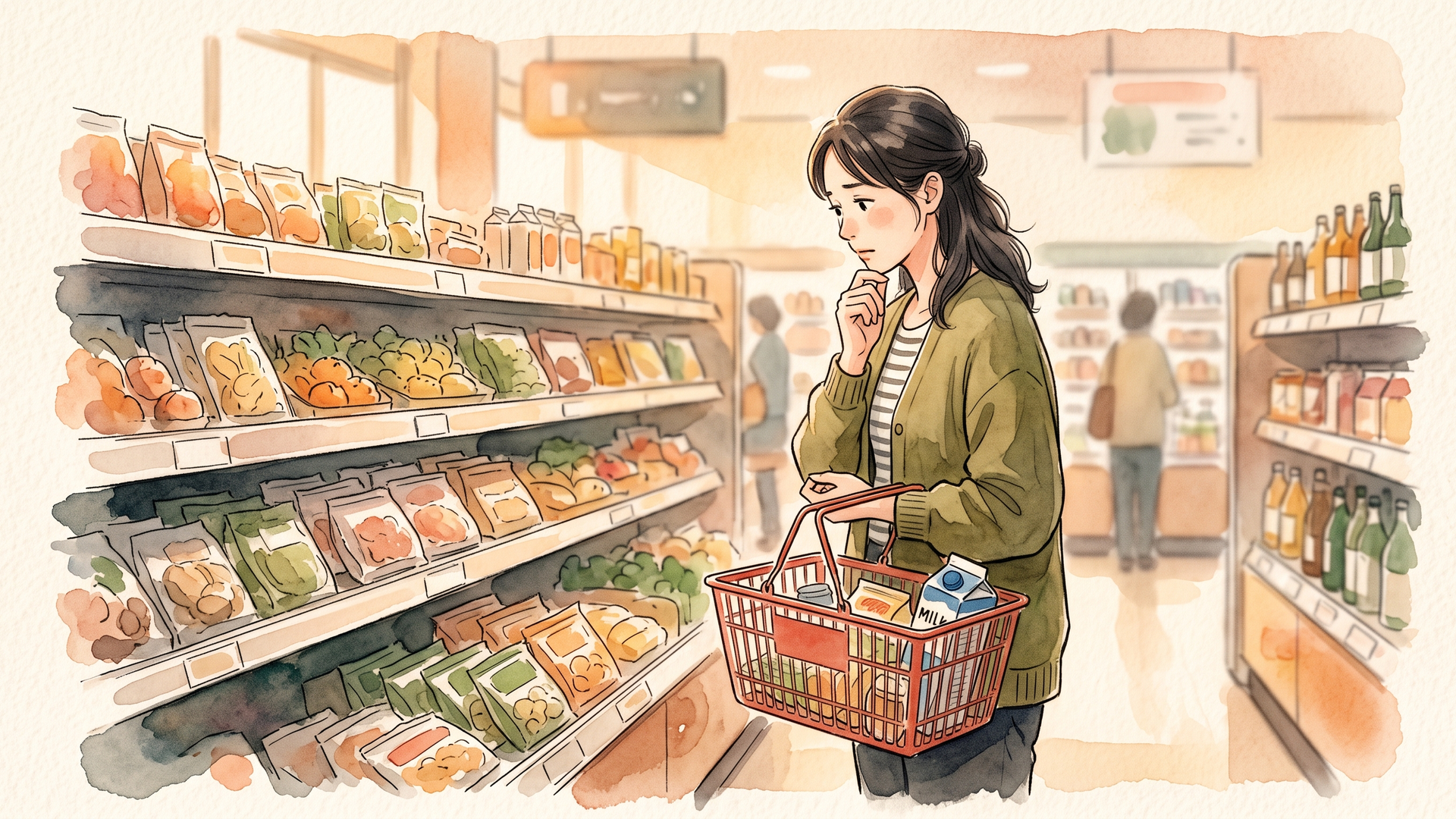 スーパーの売り場で商品を見比べている女性