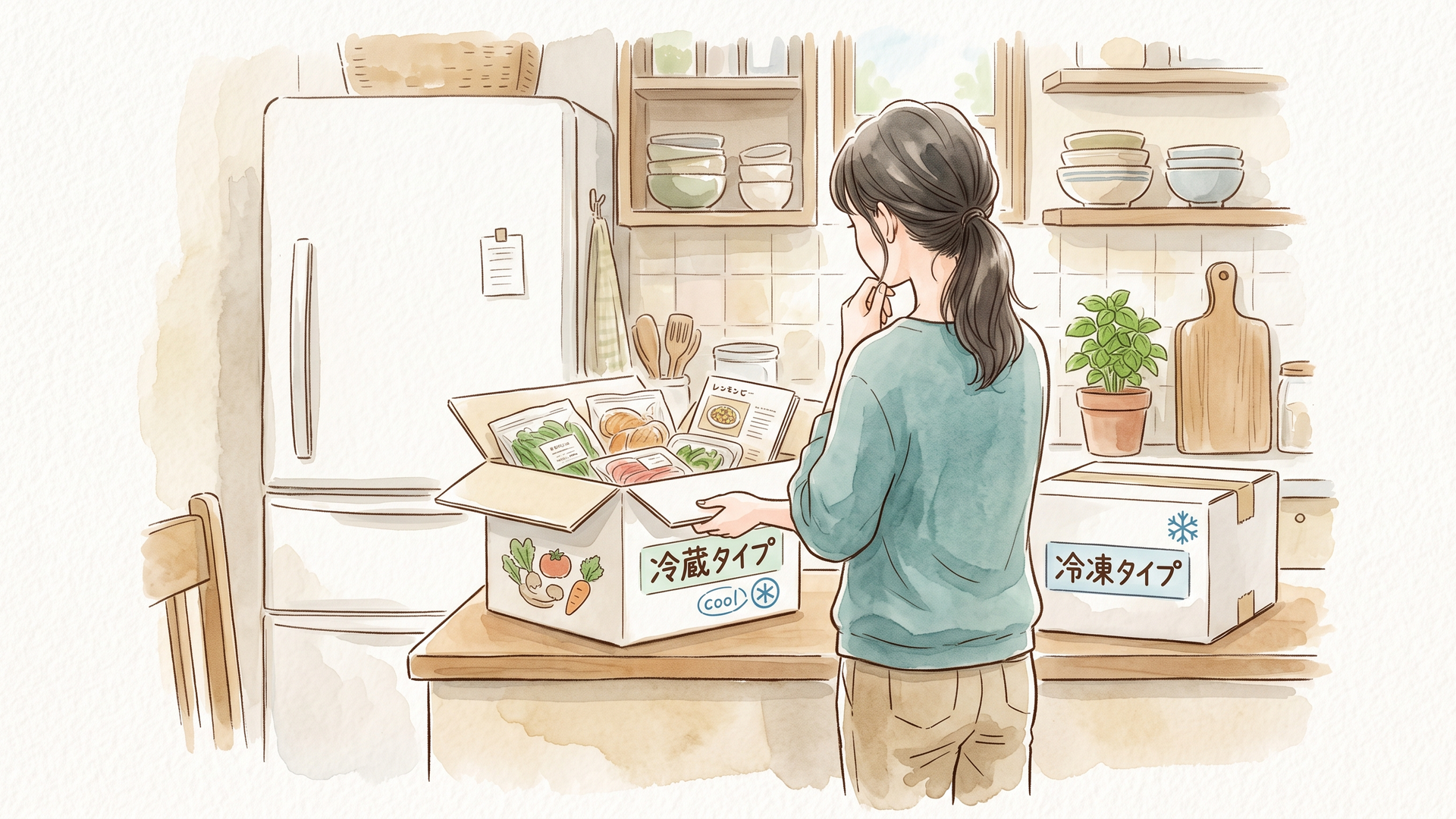 冷蔵タイプと冷凍タイプの宅配ボックスを見比べる様子