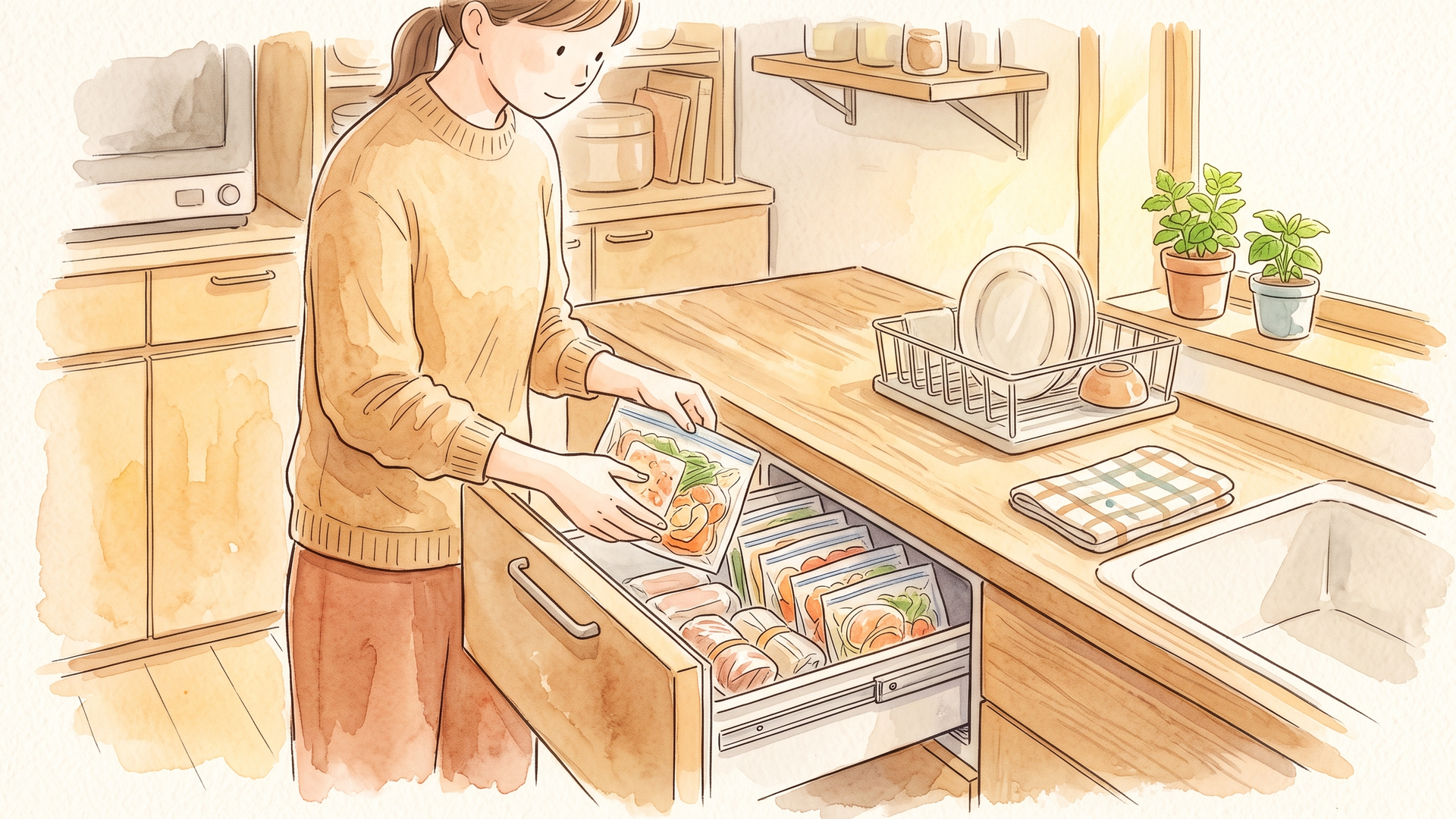 冷凍庫の引き出しに小分けした食材を立てて並べる様子
