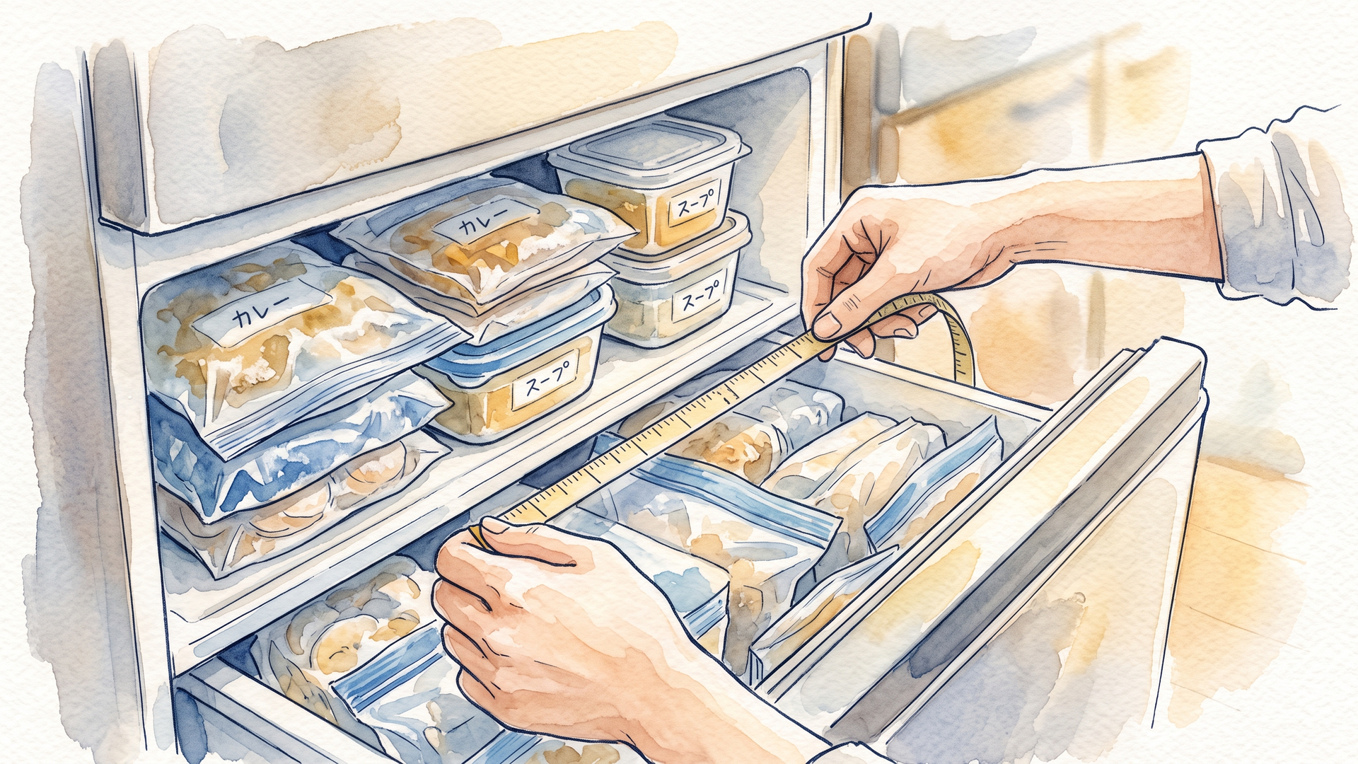 ラベルを貼った冷凍食品が並ぶ冷凍庫の引き出し