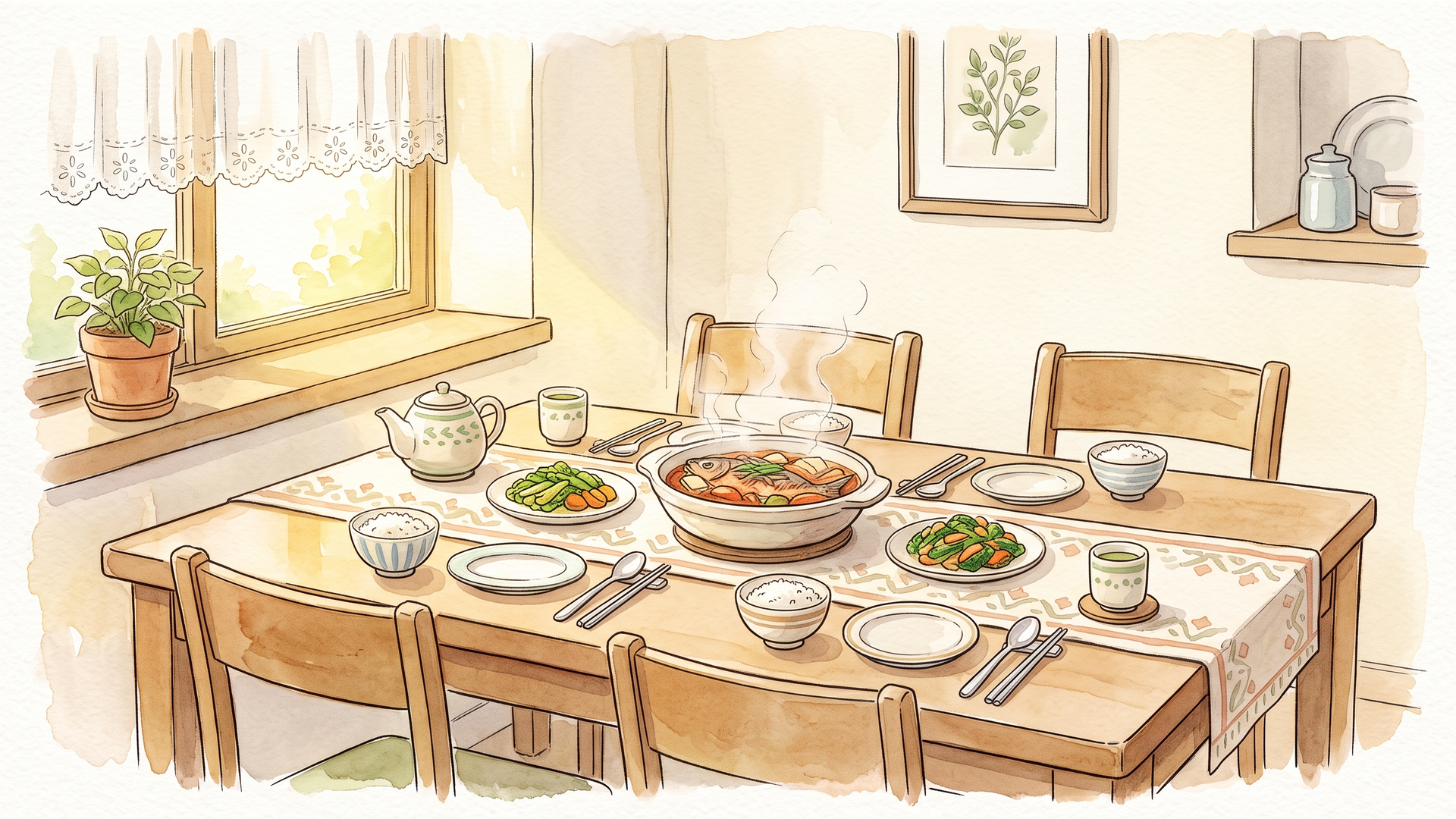 二人分の食器と料理が並んだ夕方の食卓