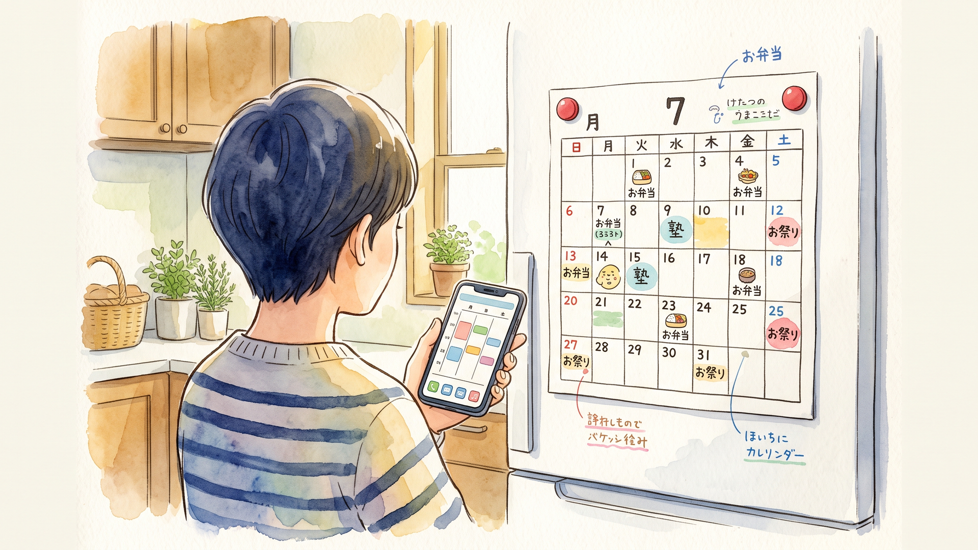 壁のカレンダーとスマートフォンを見比べて予定を確認する人