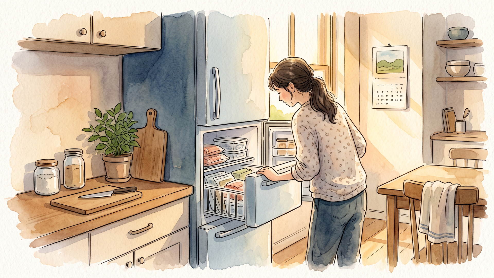冷蔵庫に届いた食材をしまう女性
