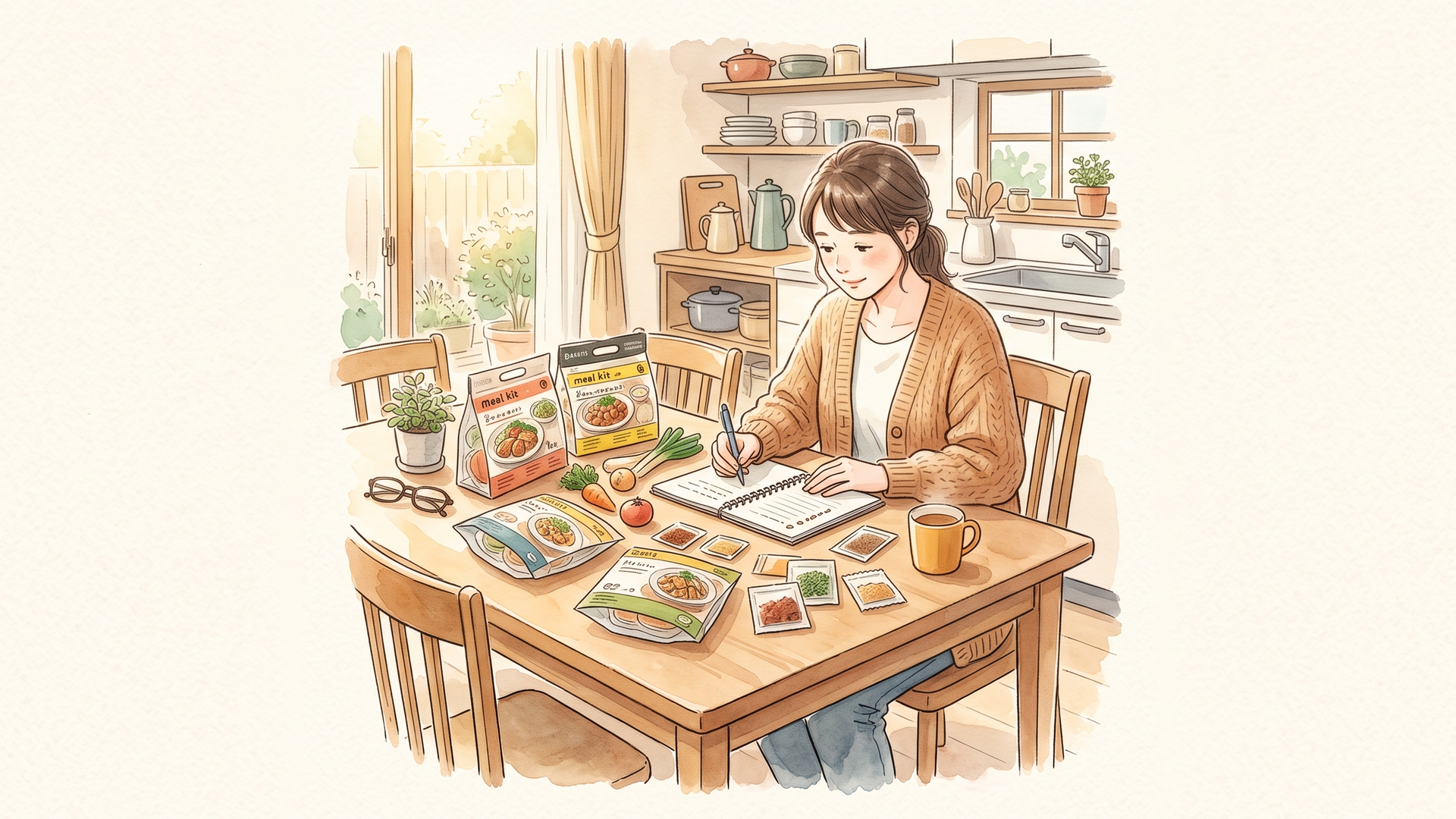 食卓にレシピカードを広げてメニューを選ぶ女性