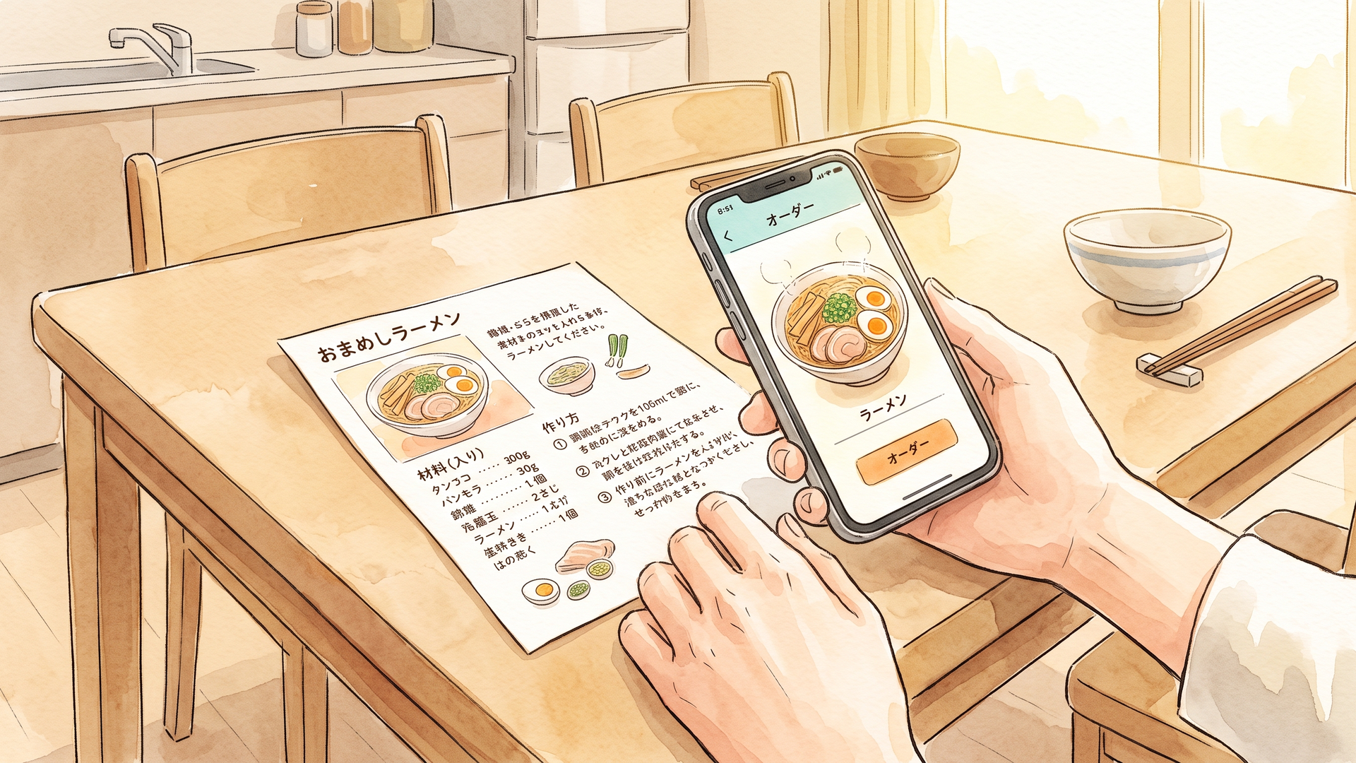 レシピカードとスマートフォンで注文画面を見る手元