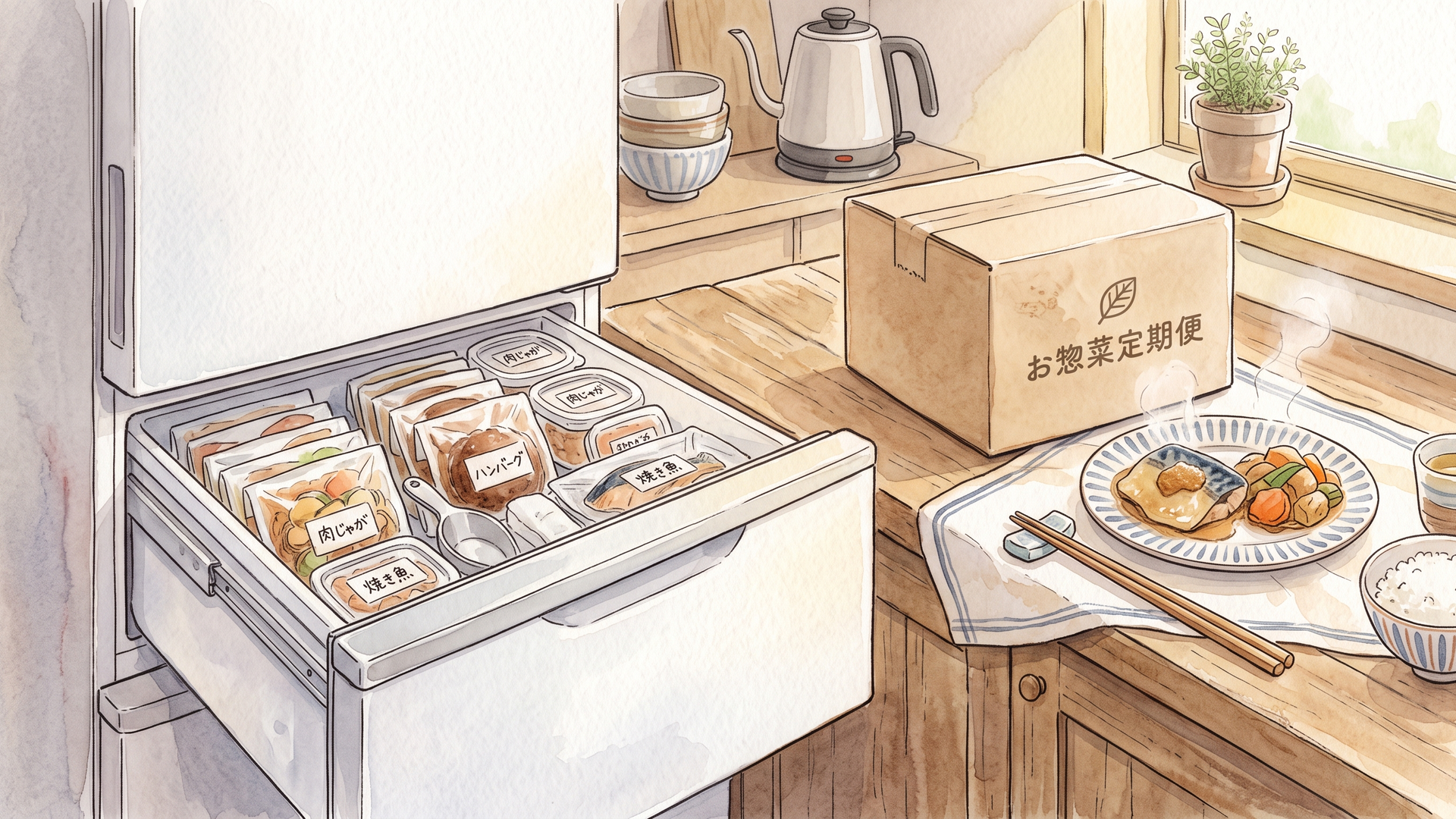 冷凍庫に並べたお惣菜と、届いた段ボール箱