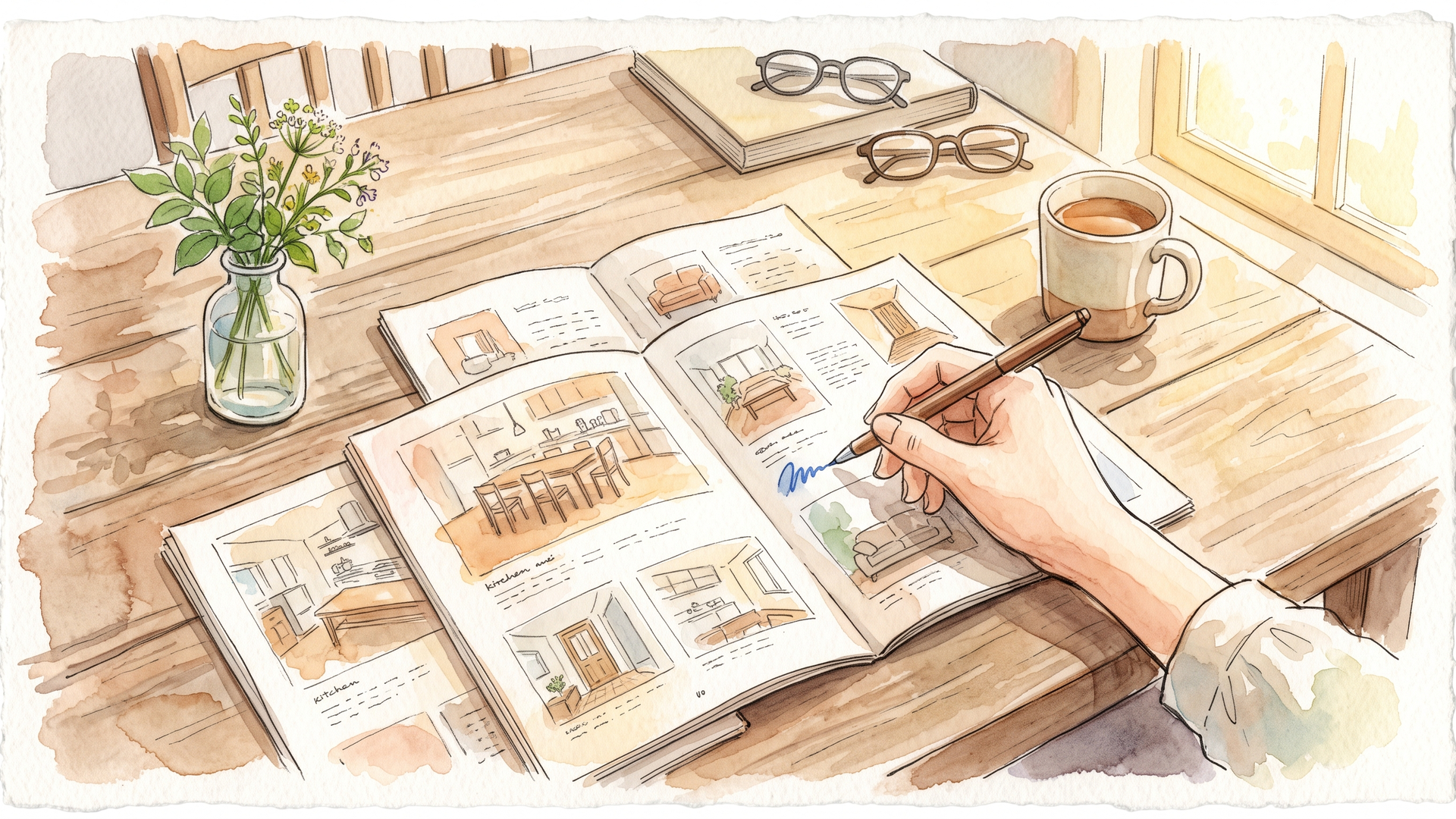 テーブルに雑誌を広げて書き込みをする手元