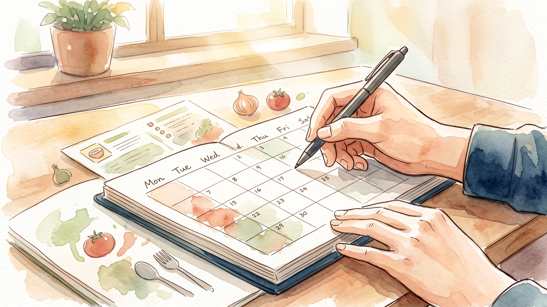 カレンダーに予定を書き込む手元