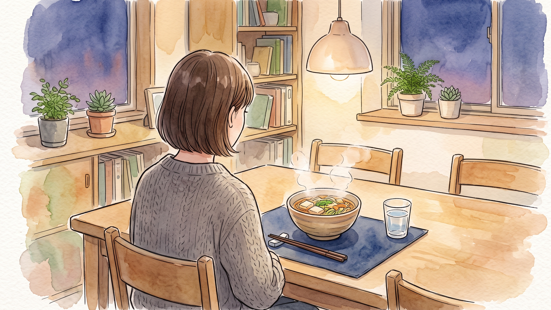 湯気の立つうどんを前に食卓につく様子