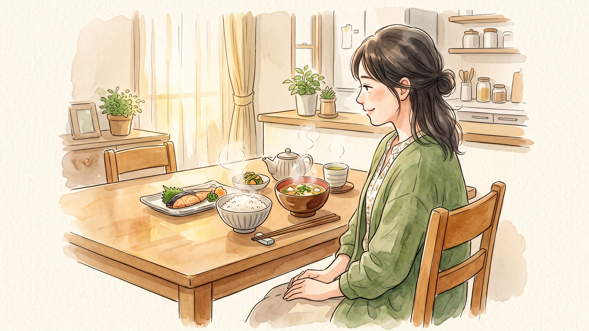 焼き鮭の定食を前に食卓につく様子
