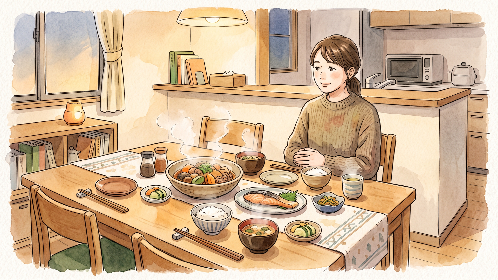 煮物や焼き魚が並んだ食卓で食事をとる女性