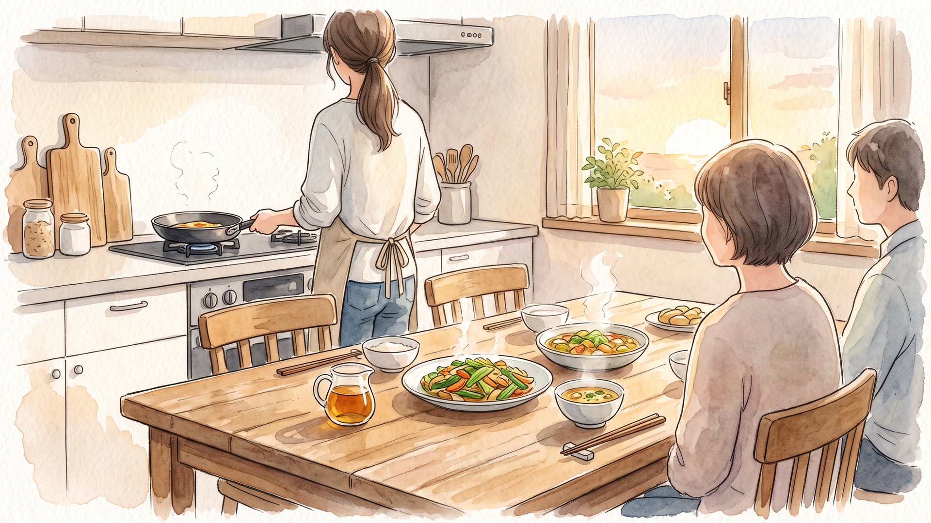 キッチンで調理する女性と、食卓で待つ家族
