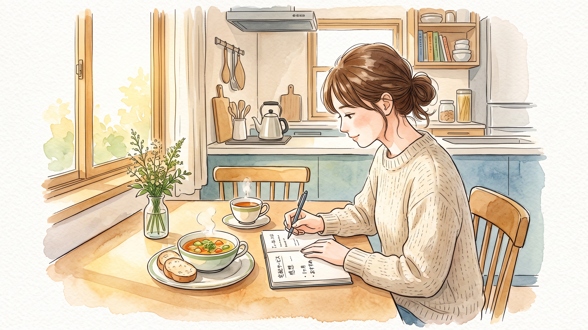食卓で書き物をしながら食事をとる女性