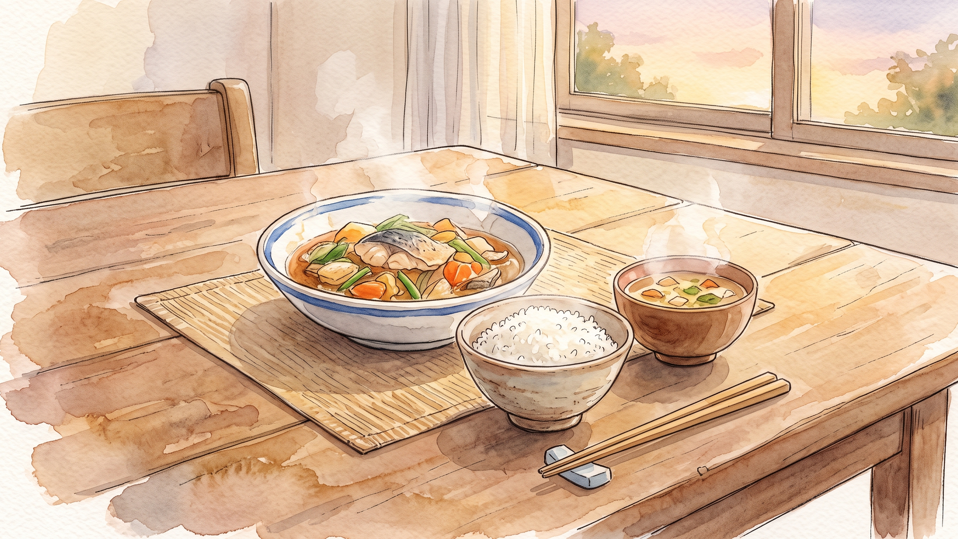 煮魚と味噌汁が並んだ和食の食卓