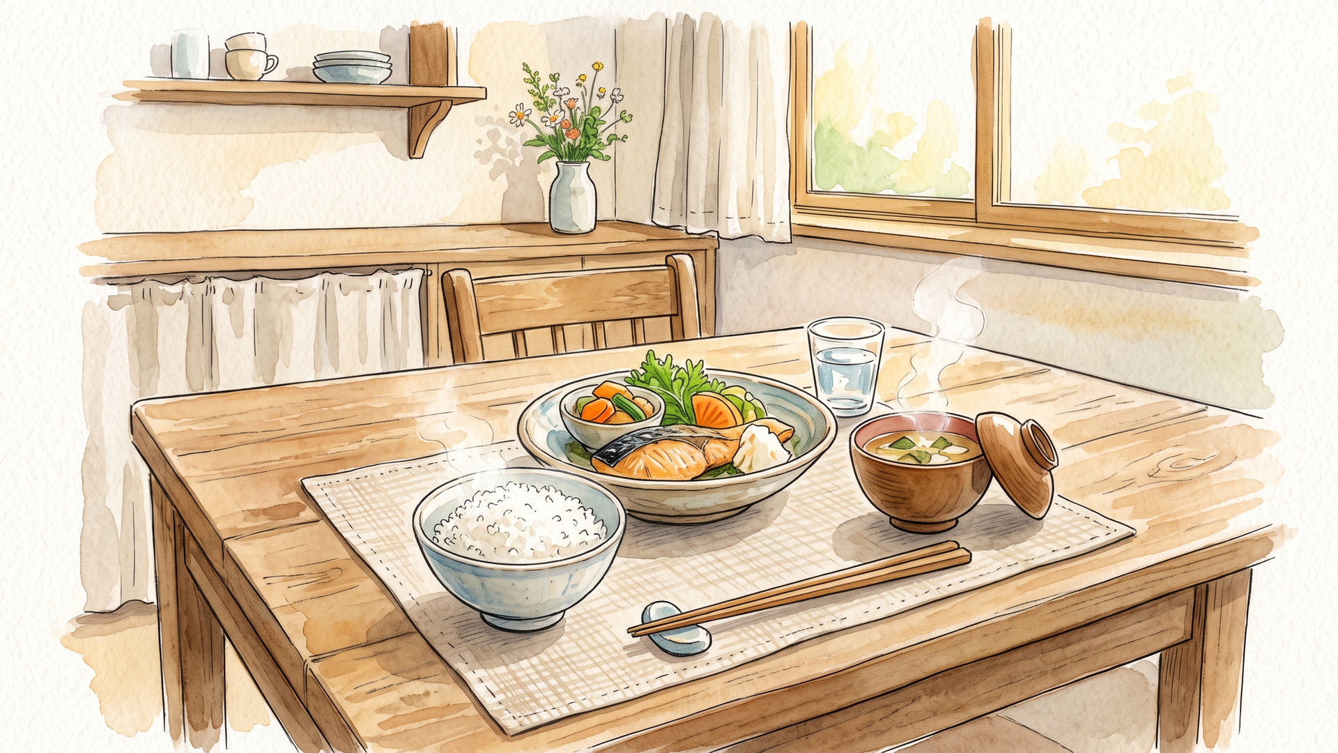ごはんと汁物、主菜が並んだ一人分の食卓