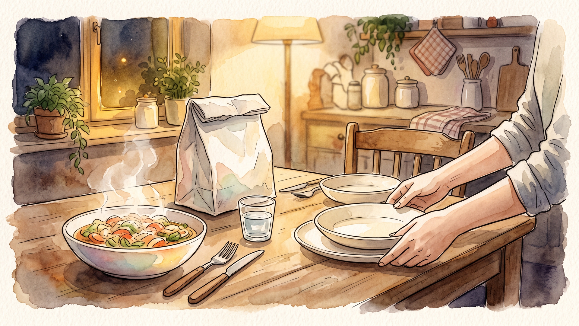 夜の食卓に料理を運ぶ手元