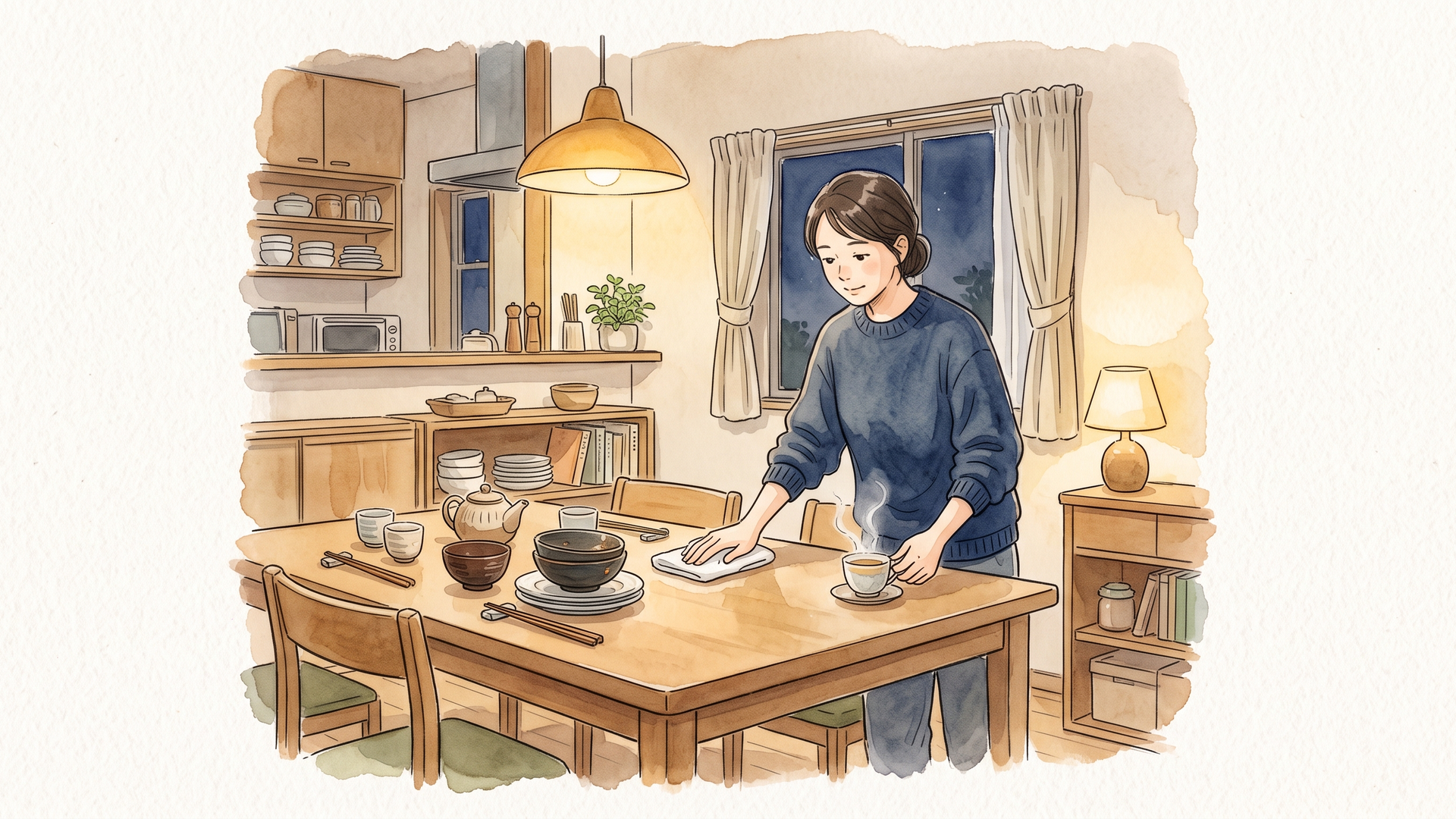 夜のキッチンで食器を片付ける女性