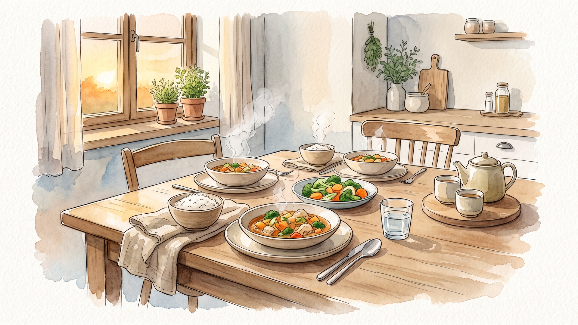 夕暮れの食卓に並んだ二人分の料理
