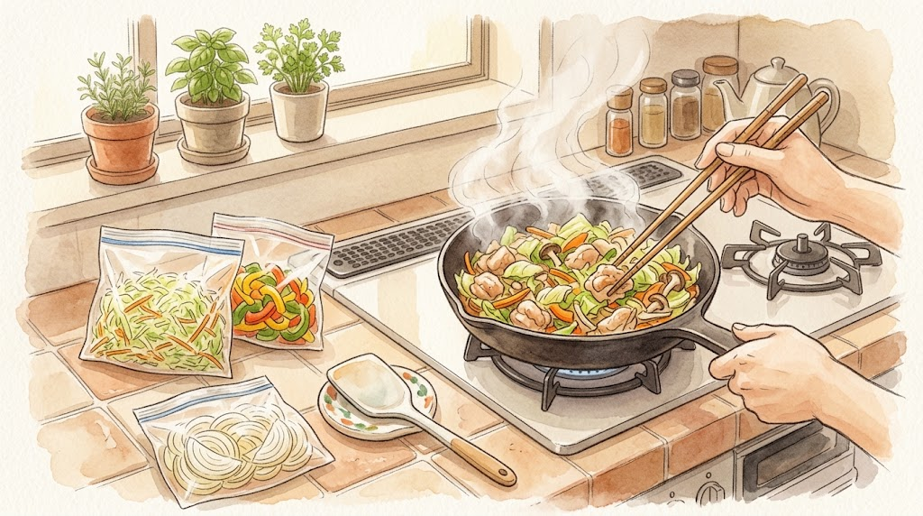 カット済み野菜の袋を使って炒め物を作る手元