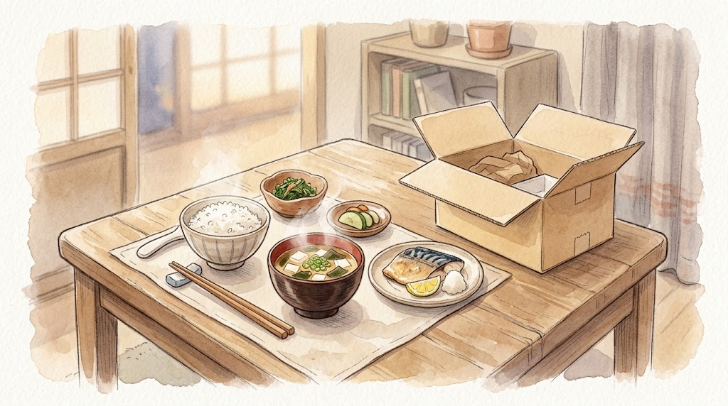 1人分の夕食が並ぶテーブルと、開封した宅配の箱