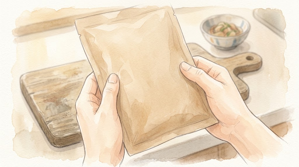 食品パッケージの裏面を確かめる手元