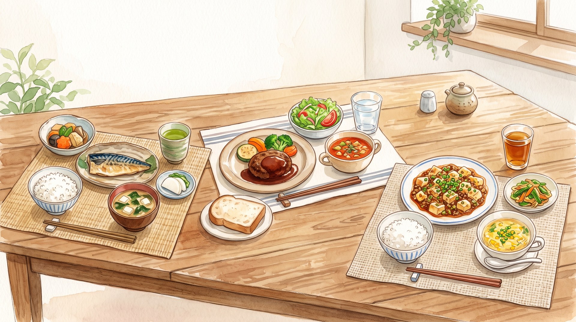 和食・洋食・中華と日替わりの献立が並んだ食卓