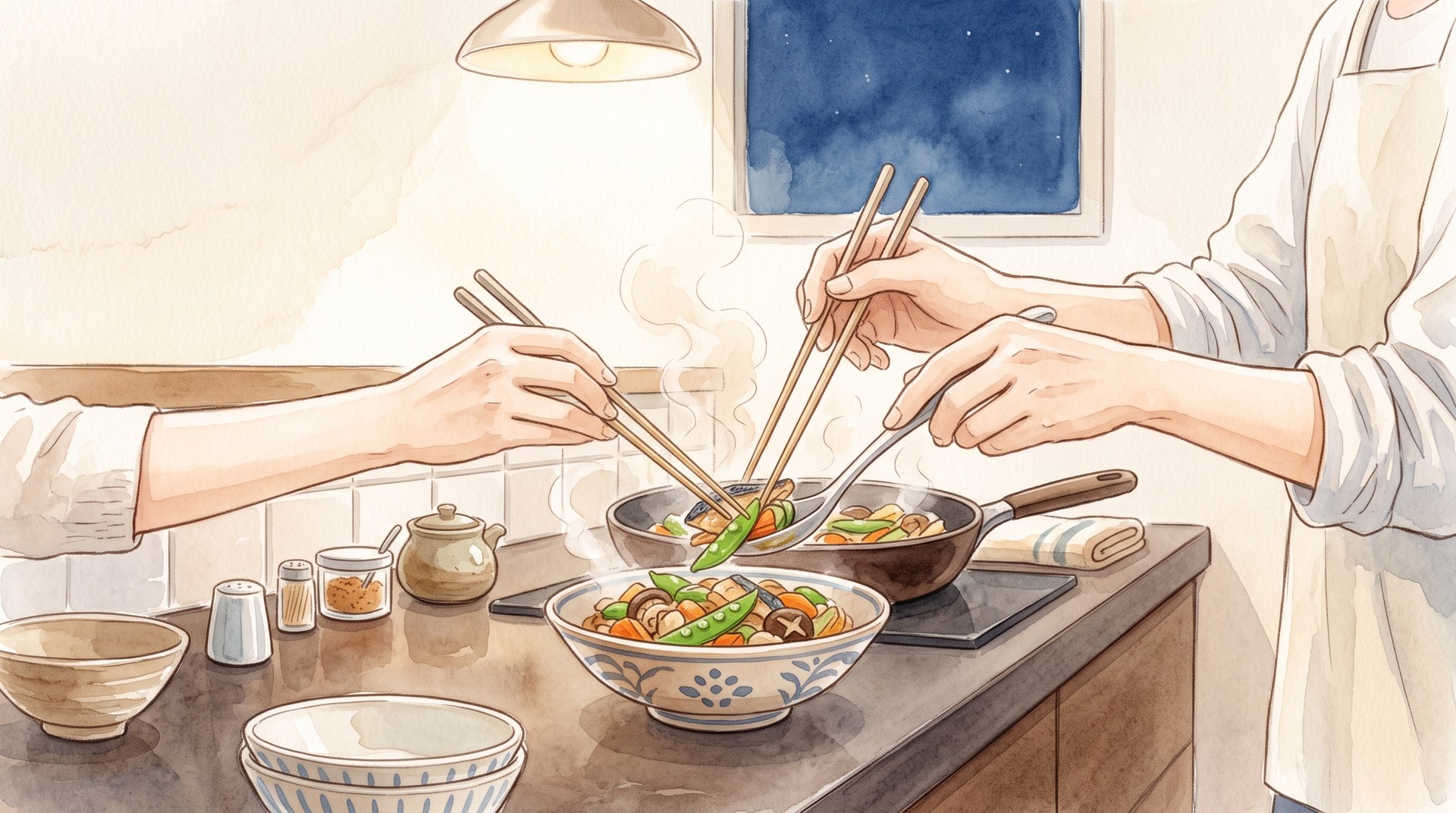 夜のキッチンで炒めものを器に取り分けている手元