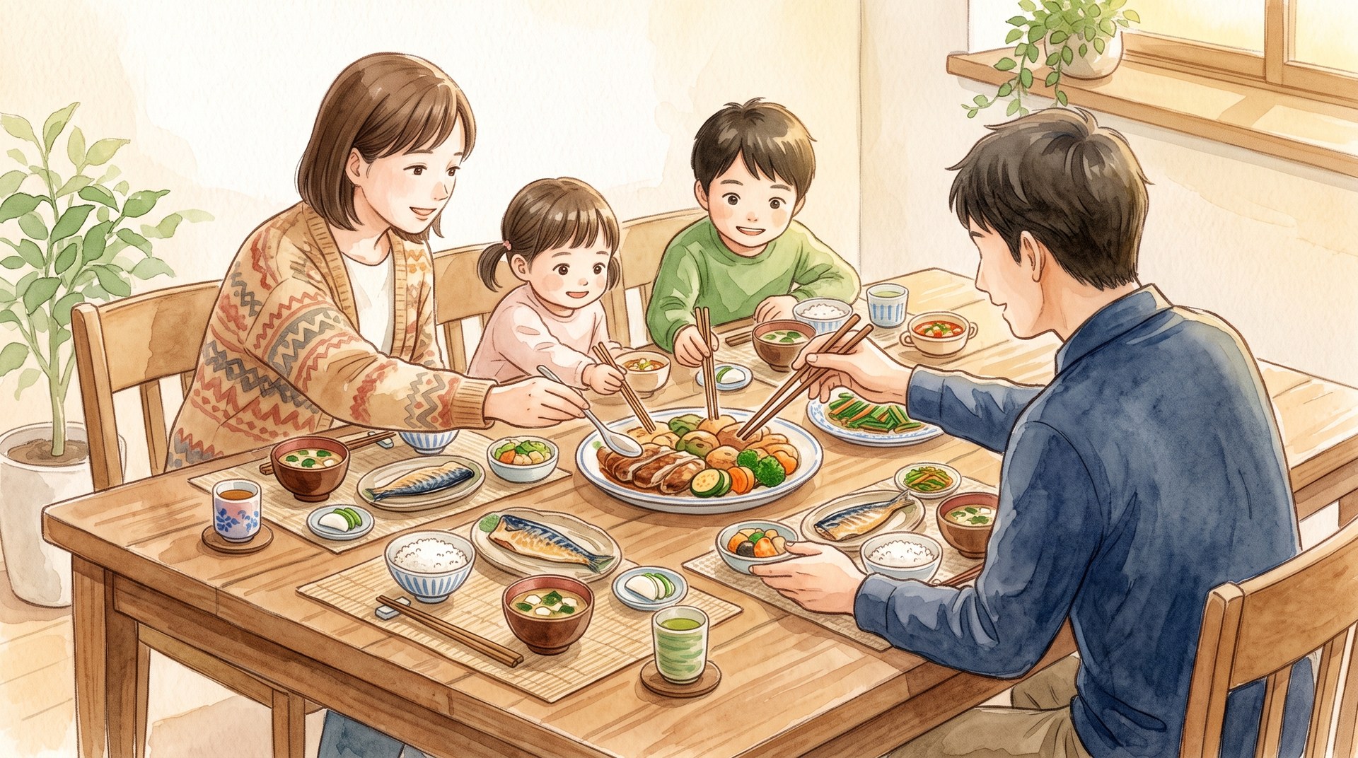 四人家族が食卓を囲み、大皿から取り分けているところ
