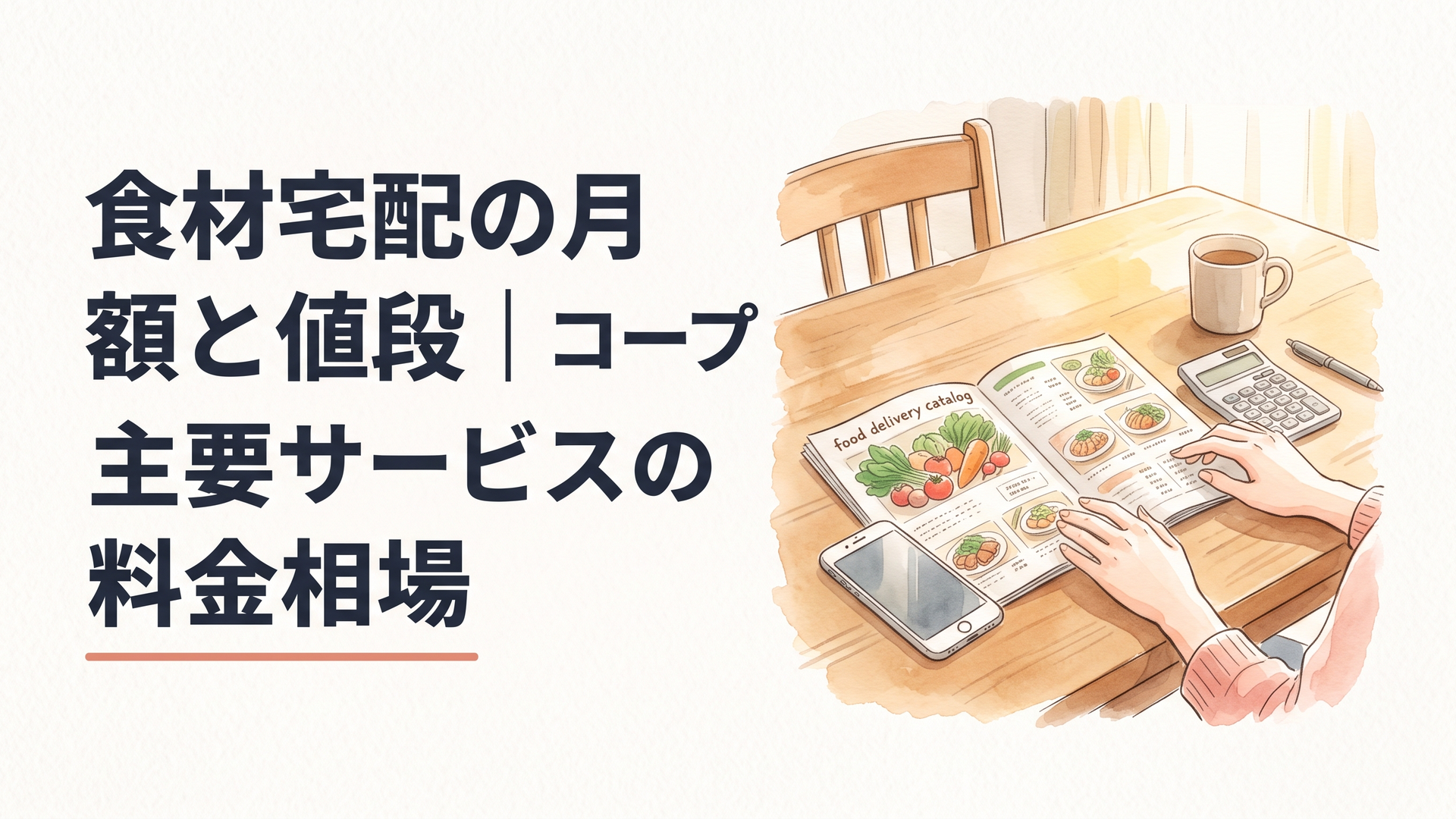 ダイニングテーブルに広げた食材宅配のカタログとスマホ、電卓を前に料金を確かめている女性の手元