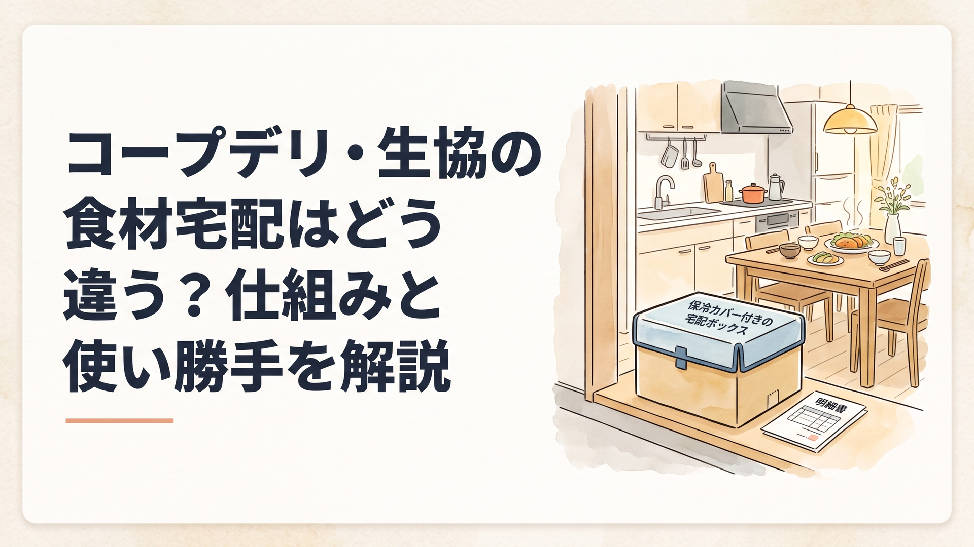 玄関先に置かれた保冷カバー付きの宅配ボックスと、その横に置かれた明細書