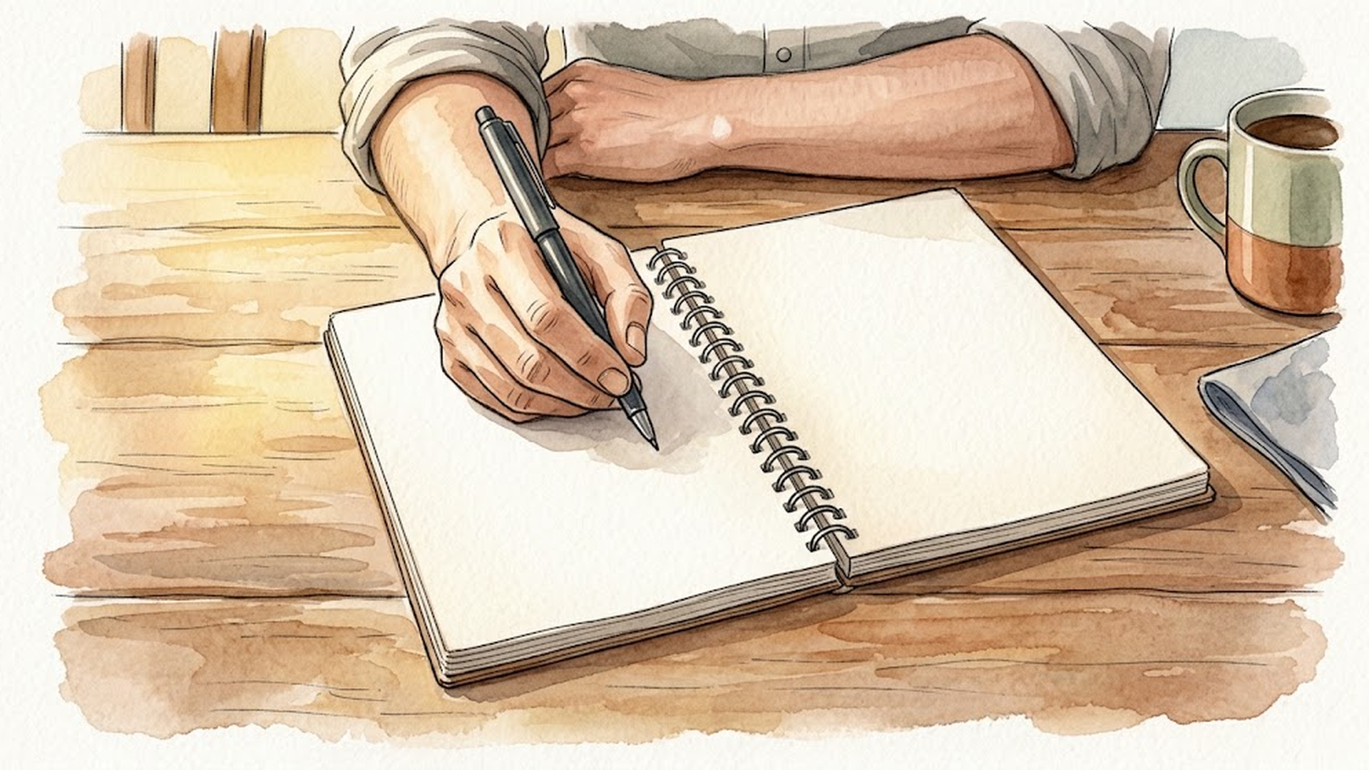 木のテーブルで、開いたノートにペンで書き込もうとしている手元とマグカップ