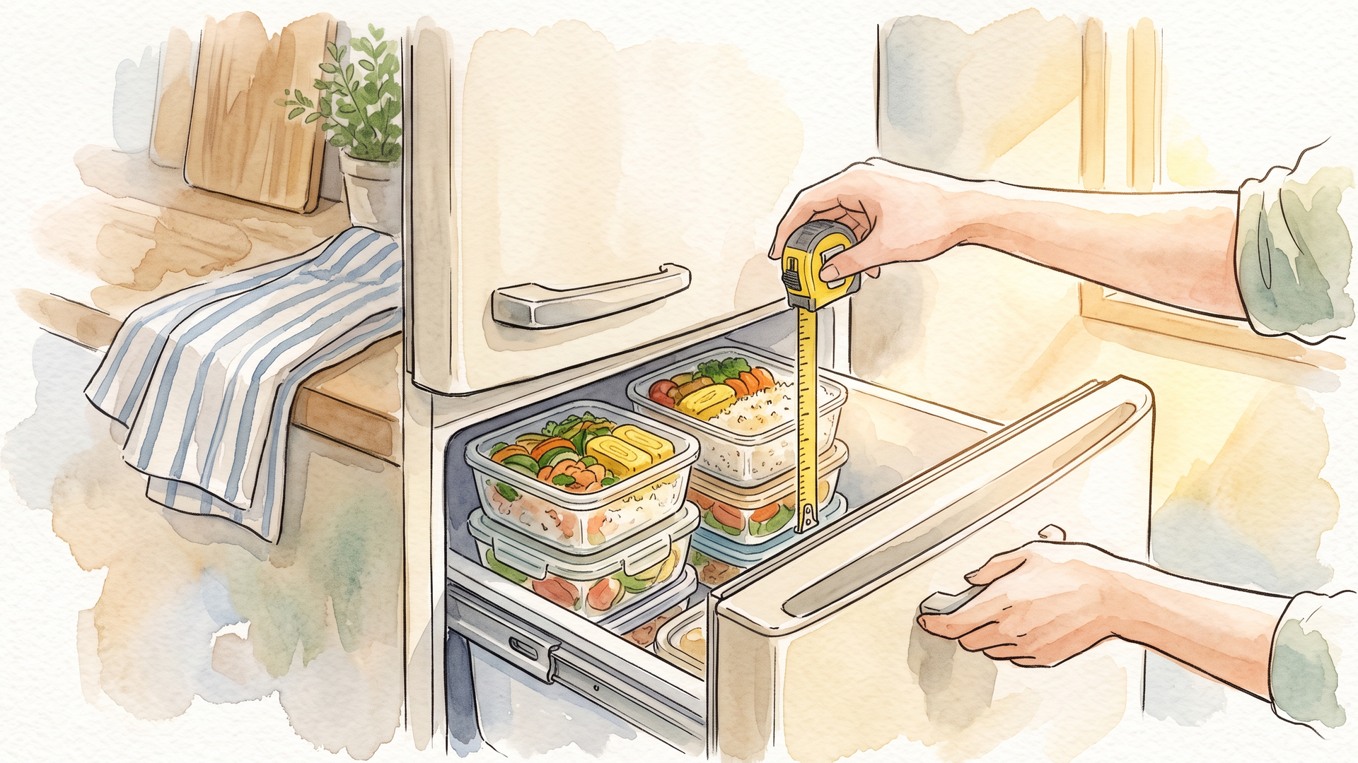 冷蔵庫の野菜室に並べた保存容器の幅を、メジャーで測っている手元