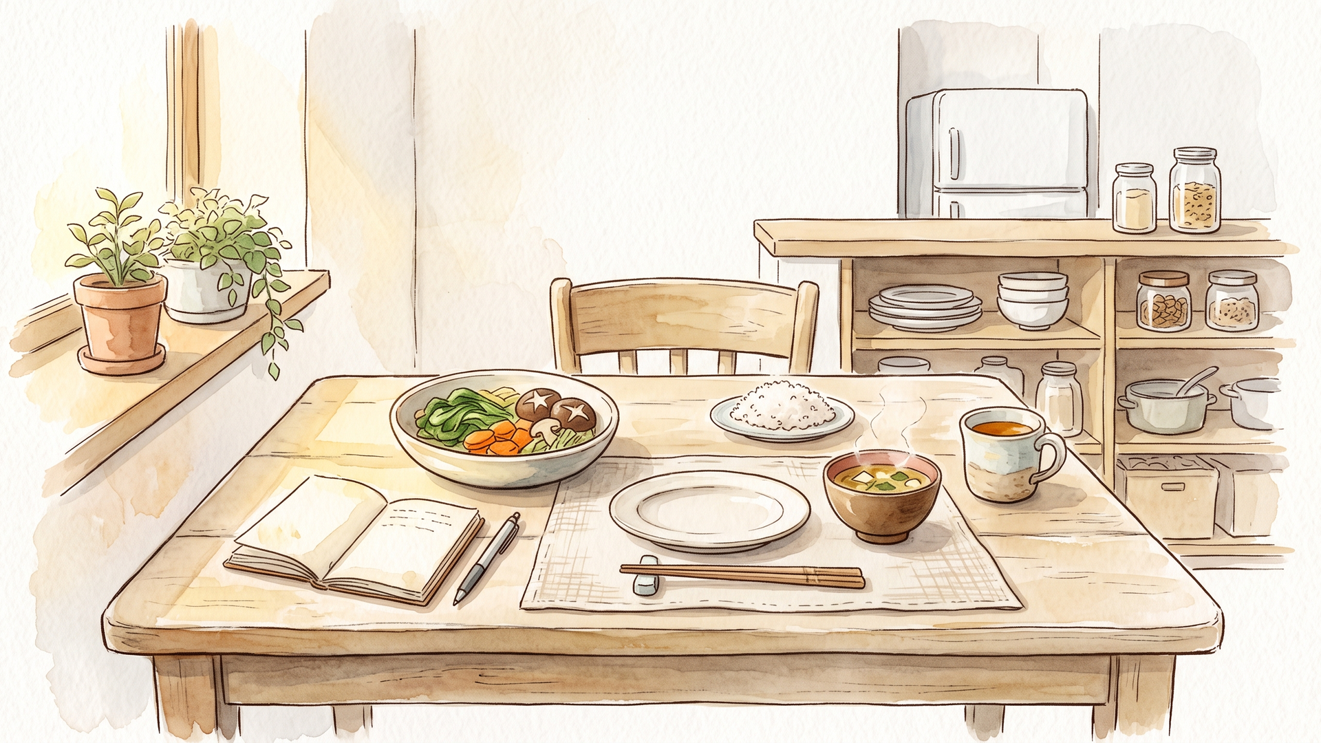 一人分の食事が並んだ食卓。脇に開いたノートとペン