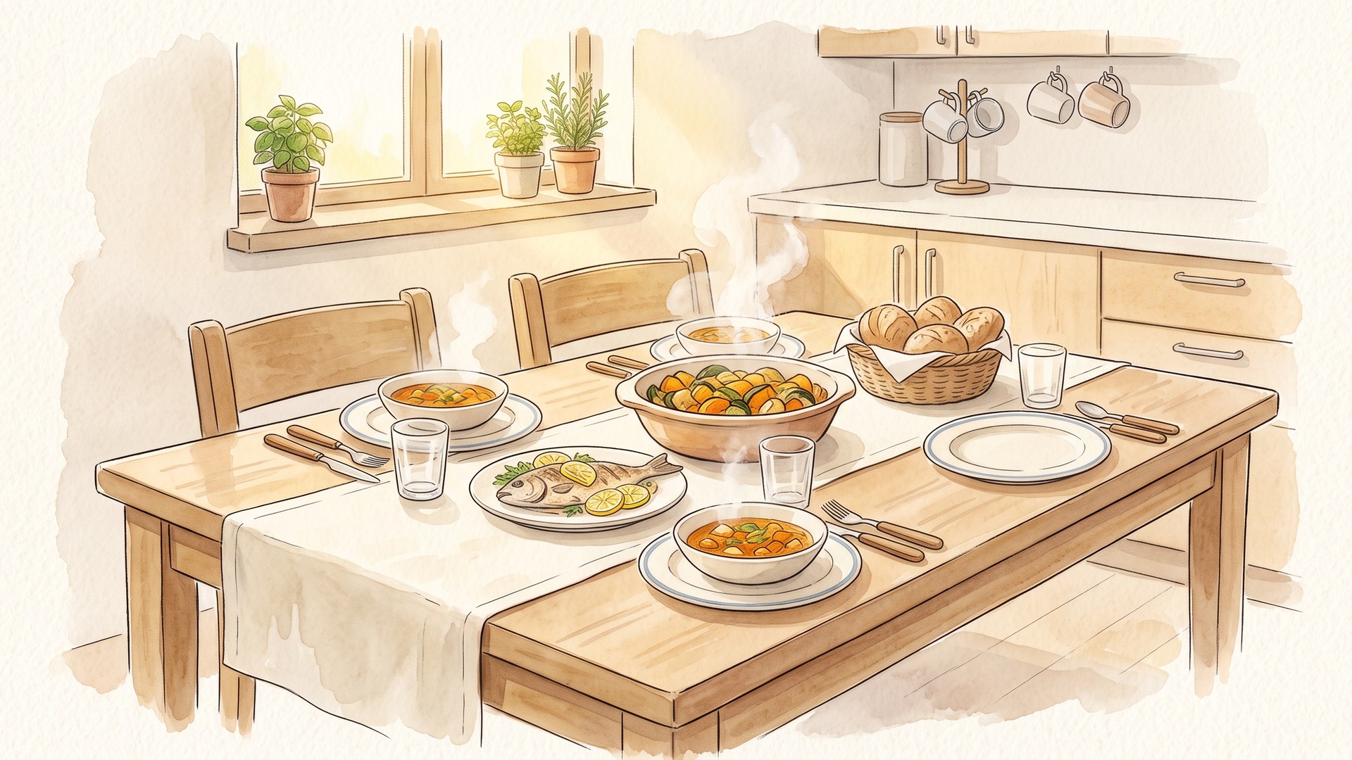 食卓に並んだ夕飯。大皿の野菜の煮込みとパンのかご、取り分けたスープの器