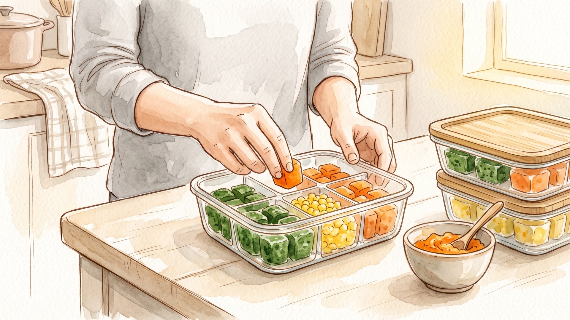 仕切りのある保存容器に、うらごし野菜などの冷凍キューブを色ごとに並べている手元