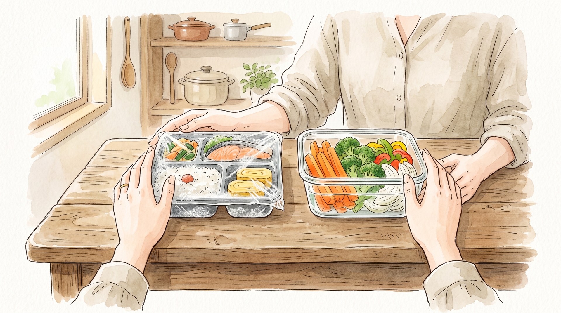 冷凍のお弁当トレイと、切った野菜の入った保存容器を並べて見比べている手元